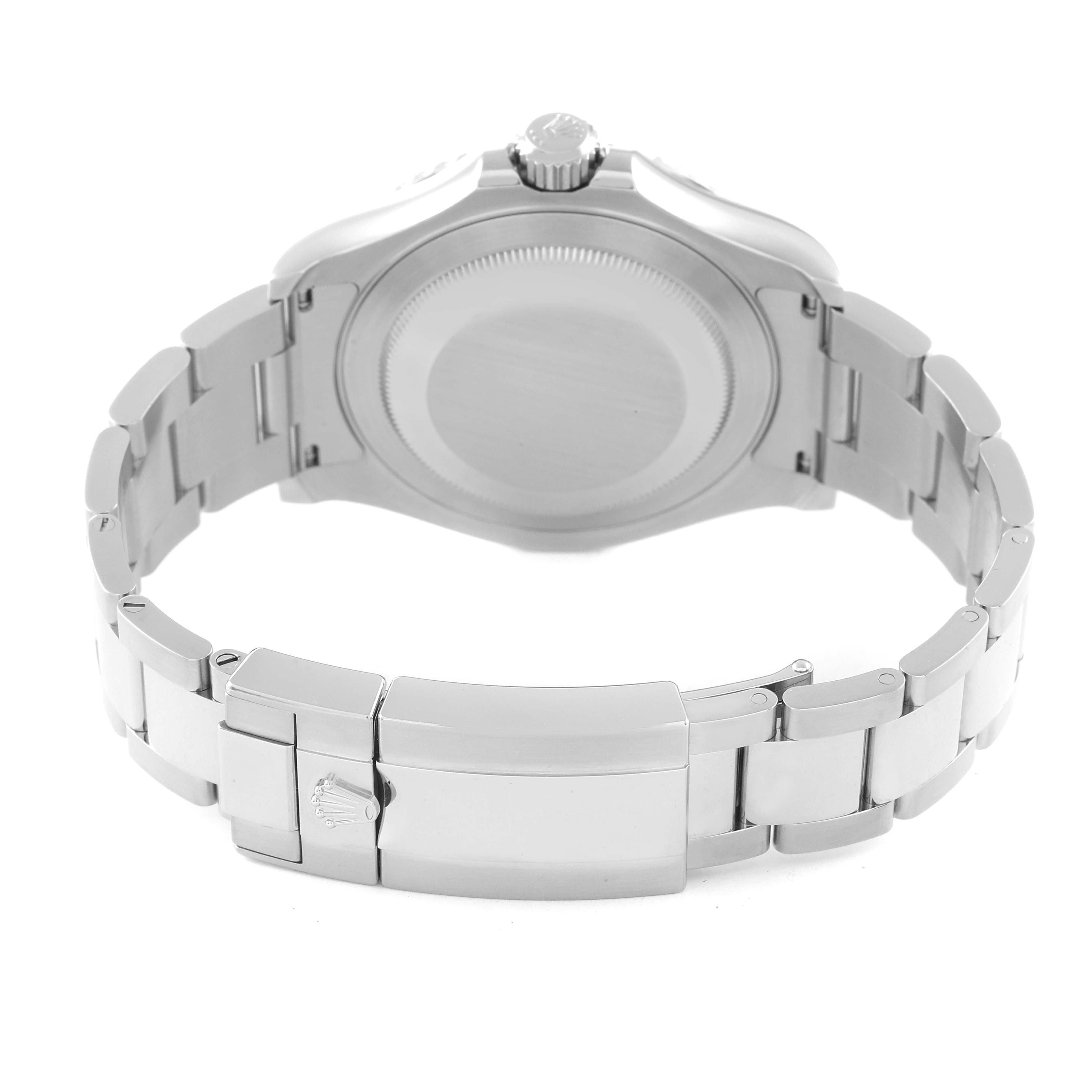 The image shows the back view of a Rolex Yacht-Master 126622 Men
s Stainless Steel Grey Dial 126622 Men
s Stainless Steel Grey Dial watch, including the case back, crown, and bracelet with a clasp.