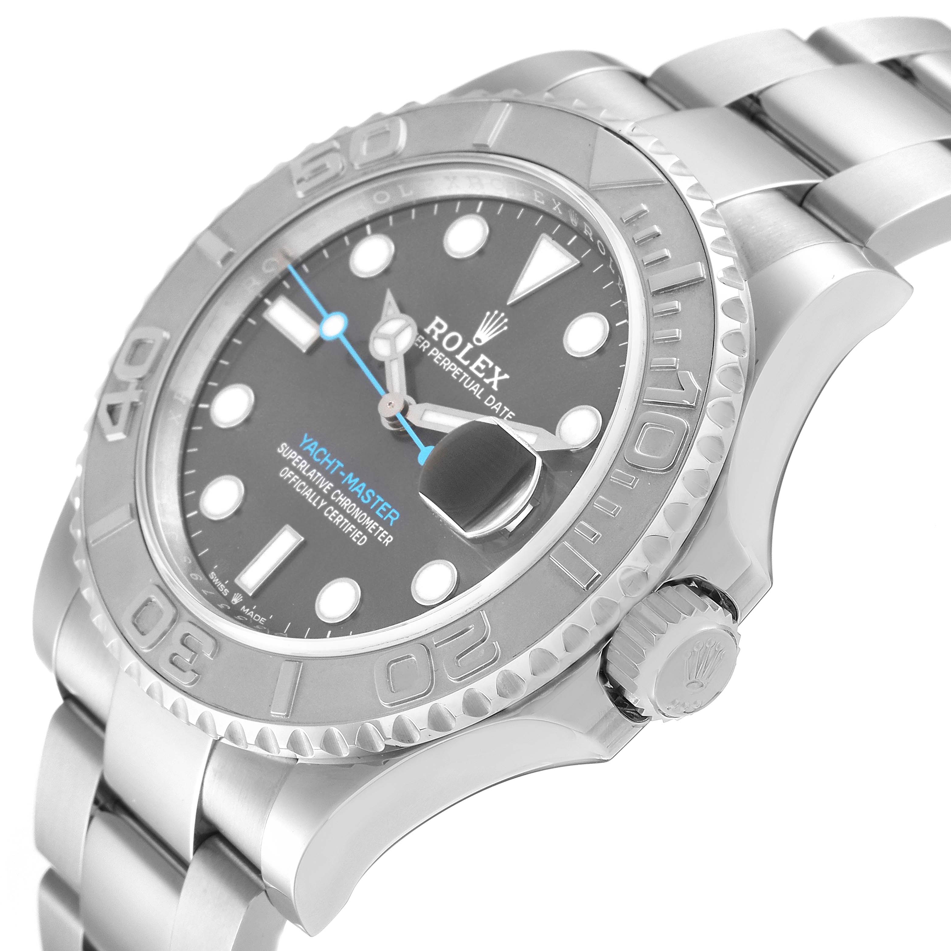 This image shows a Rolex Yacht-Master 126622 Men
s Stainless Steel Grey Dial 126622 Men
s Stainless Steel Grey Dial watch at an angled close-up, highlighting the dial, bezel, and crown.