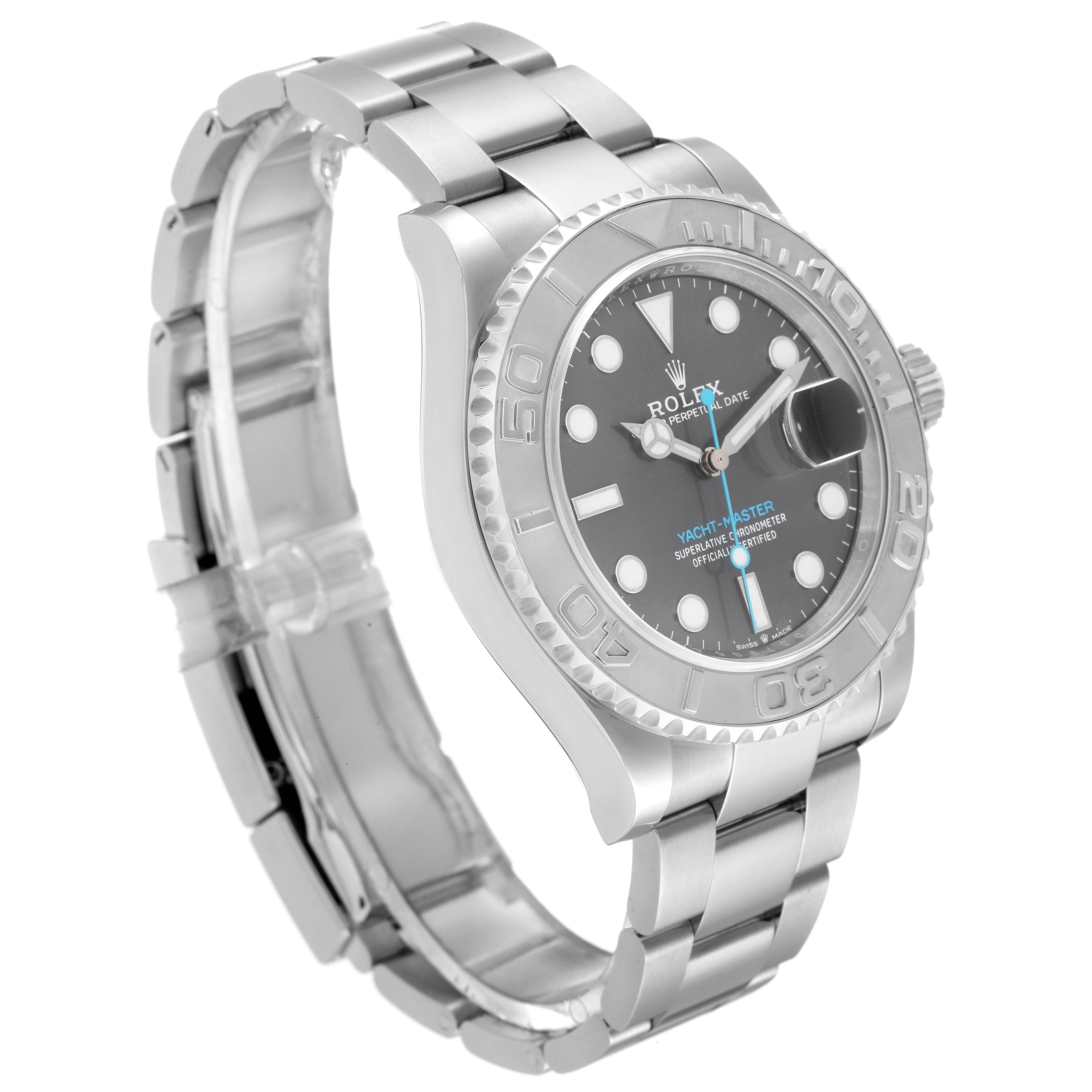 The Rolex Yacht-Master 126622 Men
s Stainless Steel Grey Dial 126622 Men
s Stainless Steel Grey Dial watch is shown at an angle displaying its face, bezel, crown, and stainless steel bracelet.