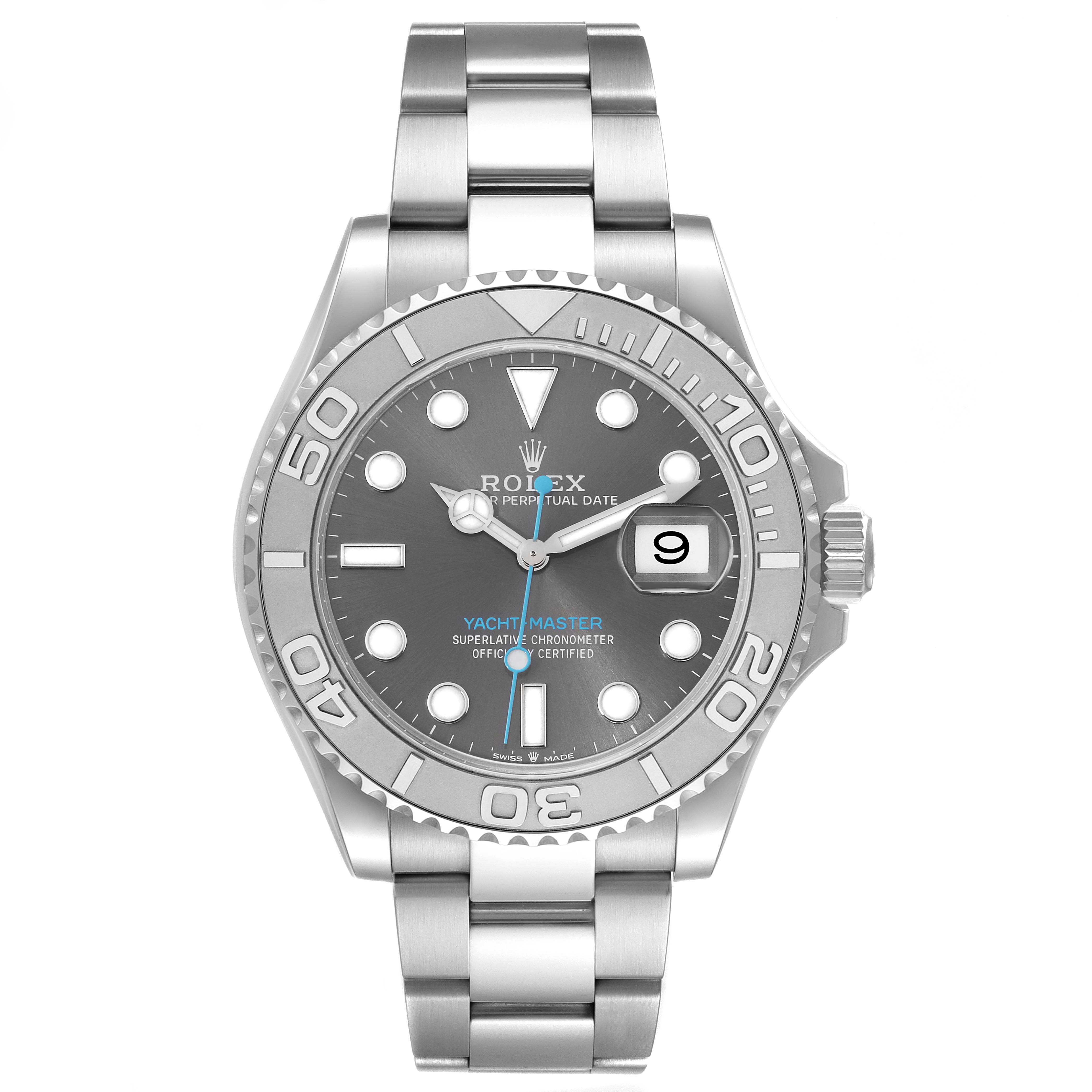 This Rolex Yacht-Master 126622 Men
s Stainless Steel Grey Dial 126622 Men
s Stainless Steel Grey Dial watch is shown from the front, displaying the bezel, dial, date window, and bracelet.