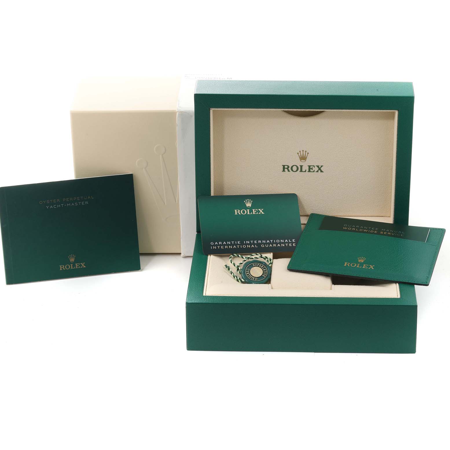 The image shows the Rolex Yacht-Master 126622 Men
s Stainless Steel Grey Dial 126622 Men
s Stainless Steel Grey Dial
s packaging and accessories, including the box, manuals, and warranty card.