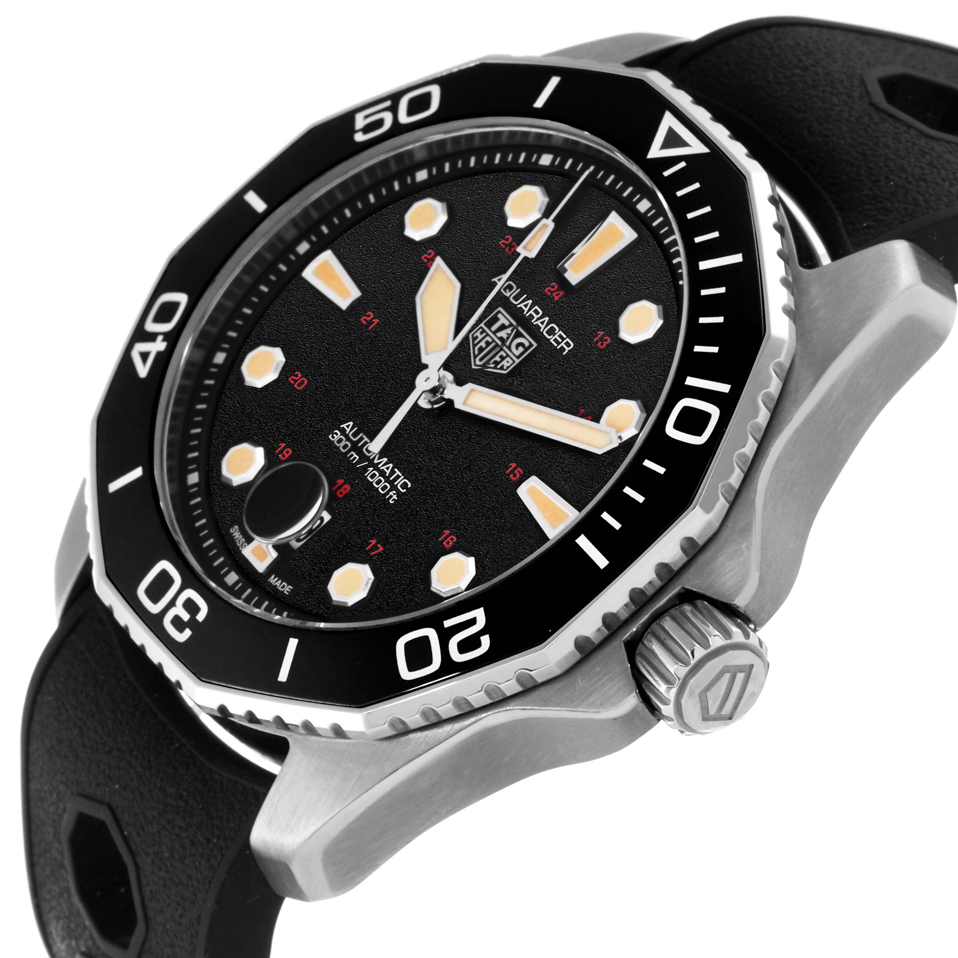 The Tag Heuer Aquaracer WBP208C.FT6201 Men's Titanium Black Dial watch is shown from a side angle, highlighting the dial, bezel, and crown.