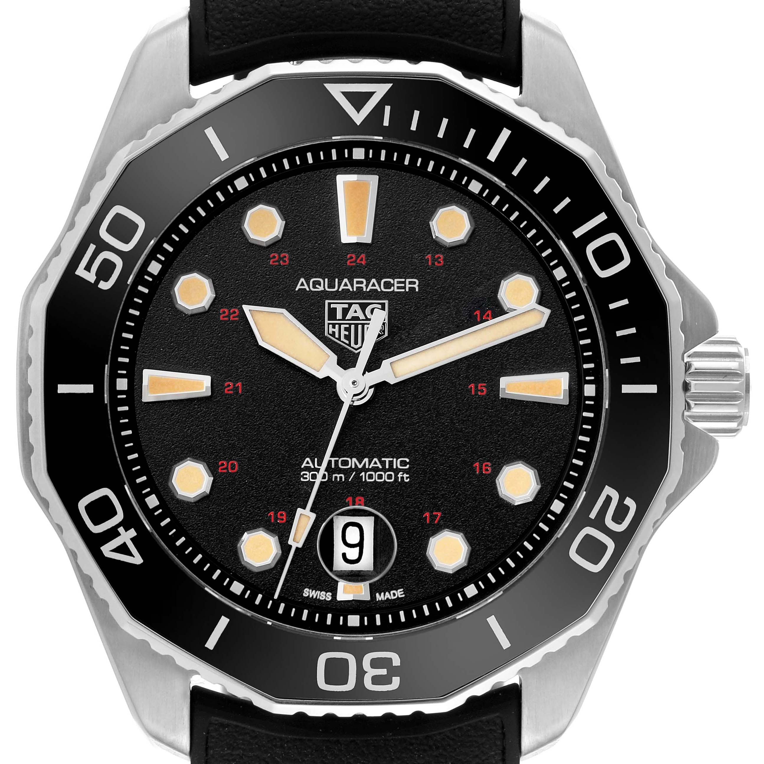 The Tag Heuer Aquaracer WBP208C.FT6201 Men's Titanium Black Dial watch is shown from the front, highlighting the bezel, dial, hands, and date window.