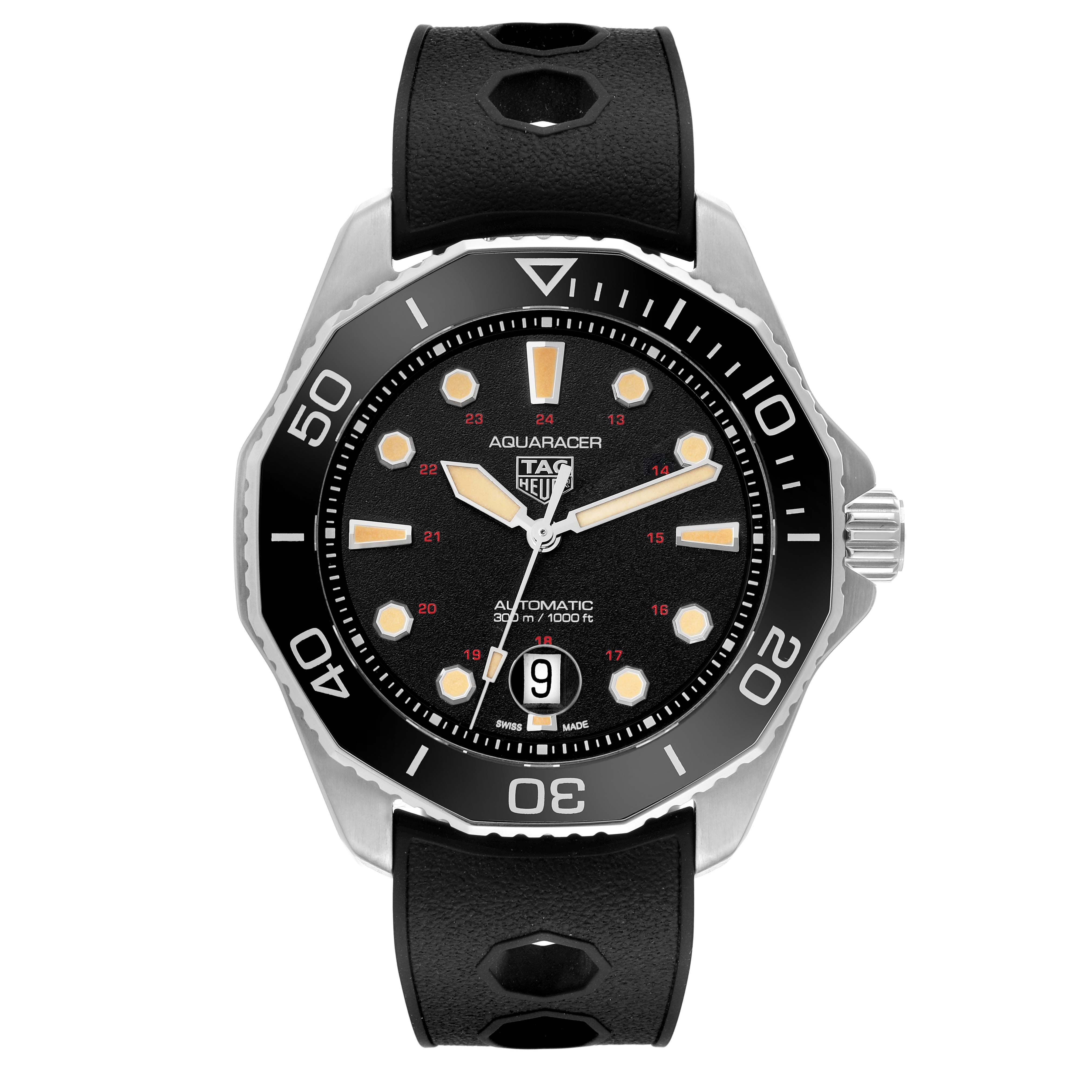 The Tag Heuer Aquaracer WBP208C.FT6201 Men's Titanium Black Dial watch is shown from a front angle, highlighting the dial, bezel, and crown with a black strap.