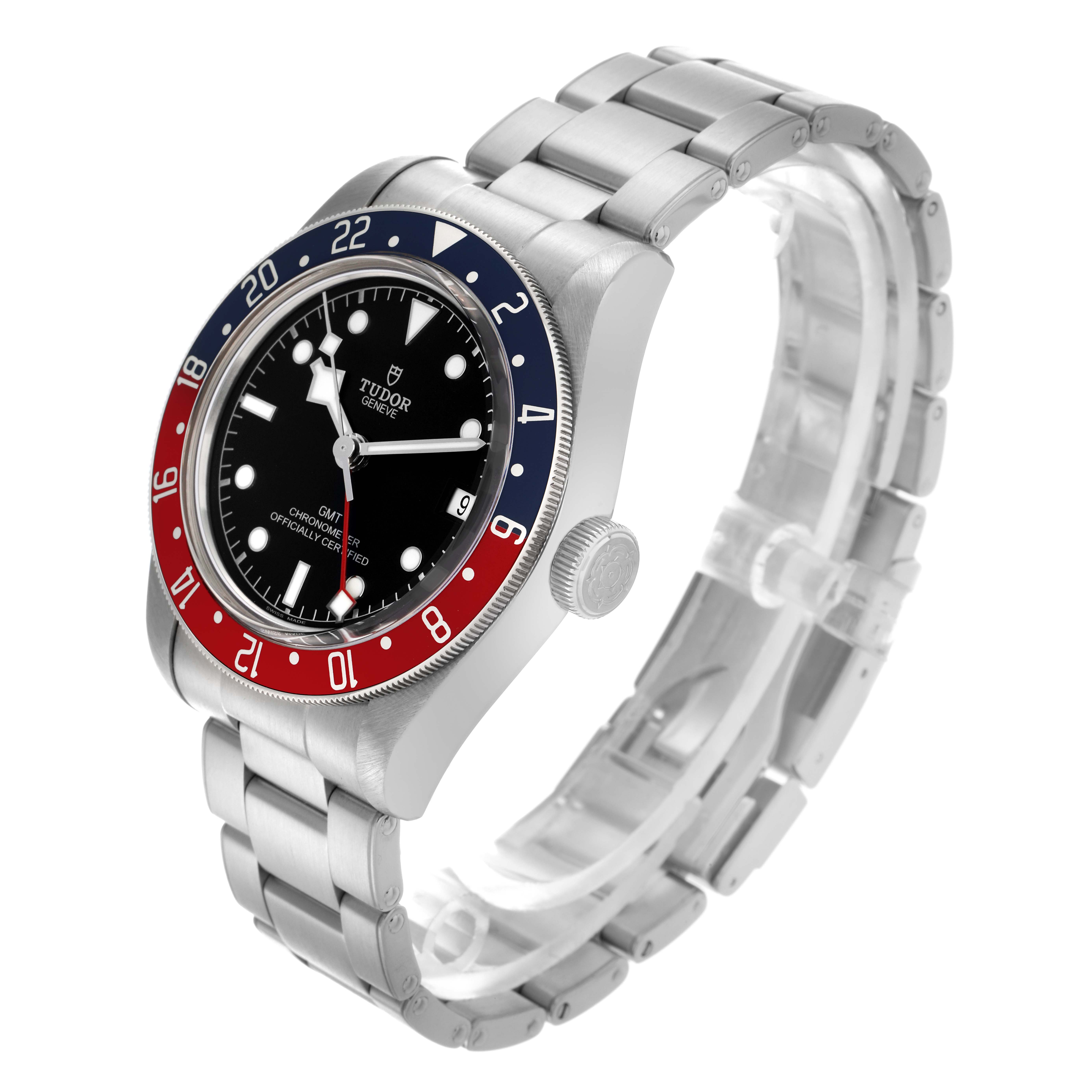 The Tudor Heritage Black Bay 79830RB Men
s Stainless Steel Black Dial 79830RB Men
s Stainless Steel Black Dial watch is shown at a three-quarter angle, highlighting its bezel, dial, and bracelet.