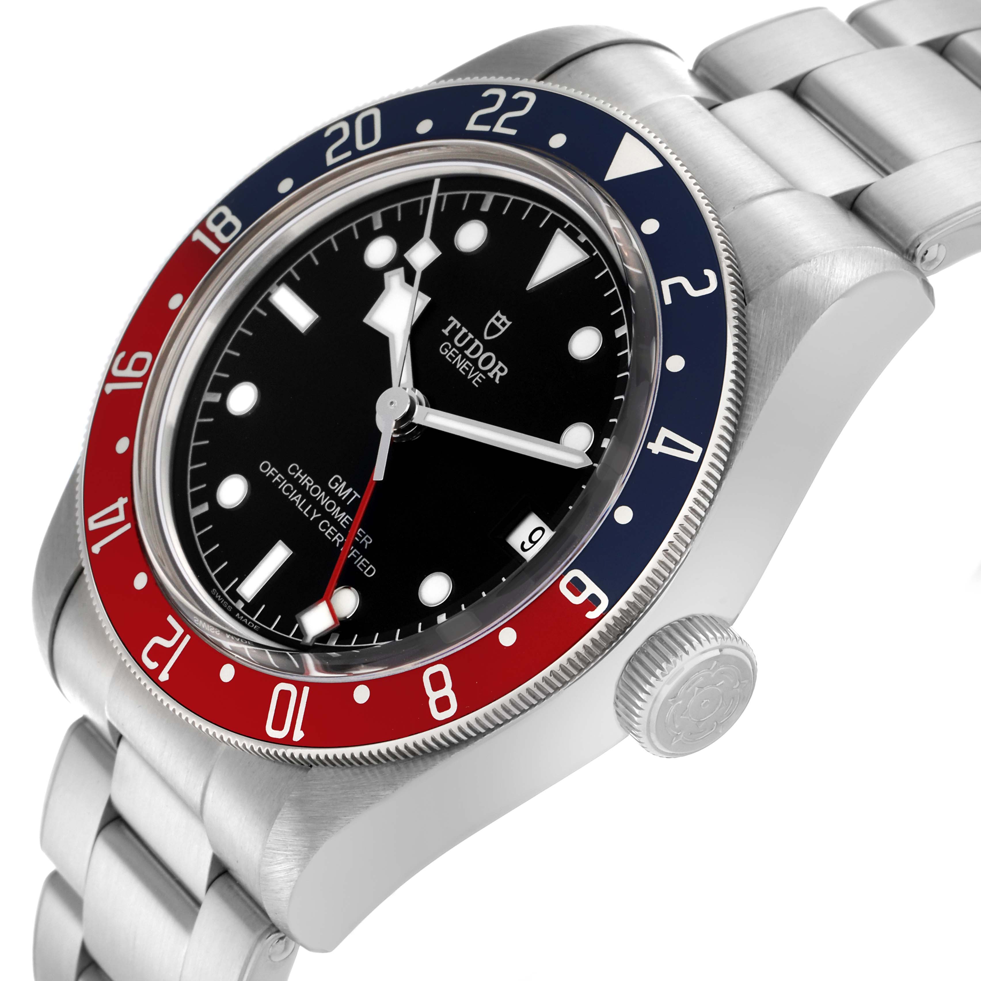 The Tudor Heritage Black Bay 79830RB Men
s Stainless Steel Black Dial 79830RB Men
s Stainless Steel Black Dial watch is shown from a front-left angle, highlighting the crown, bezel, and bracelet.