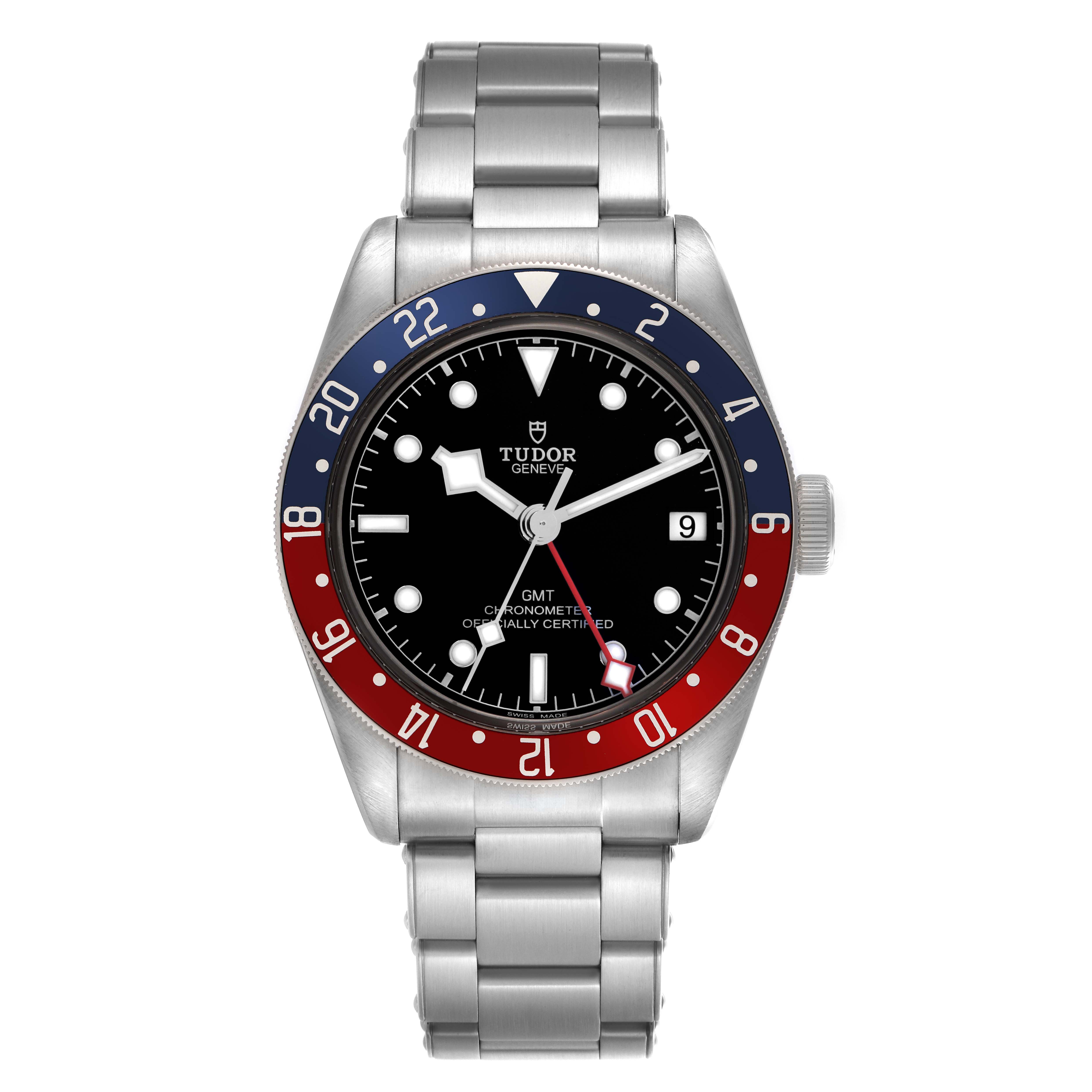 The Tudor Heritage Black Bay 79830RB Men
s Stainless Steel Black Dial 79830RB Men
s Stainless Steel Black Dial watch is shown from a front angle, displaying its bezel, dial, and bracelet.