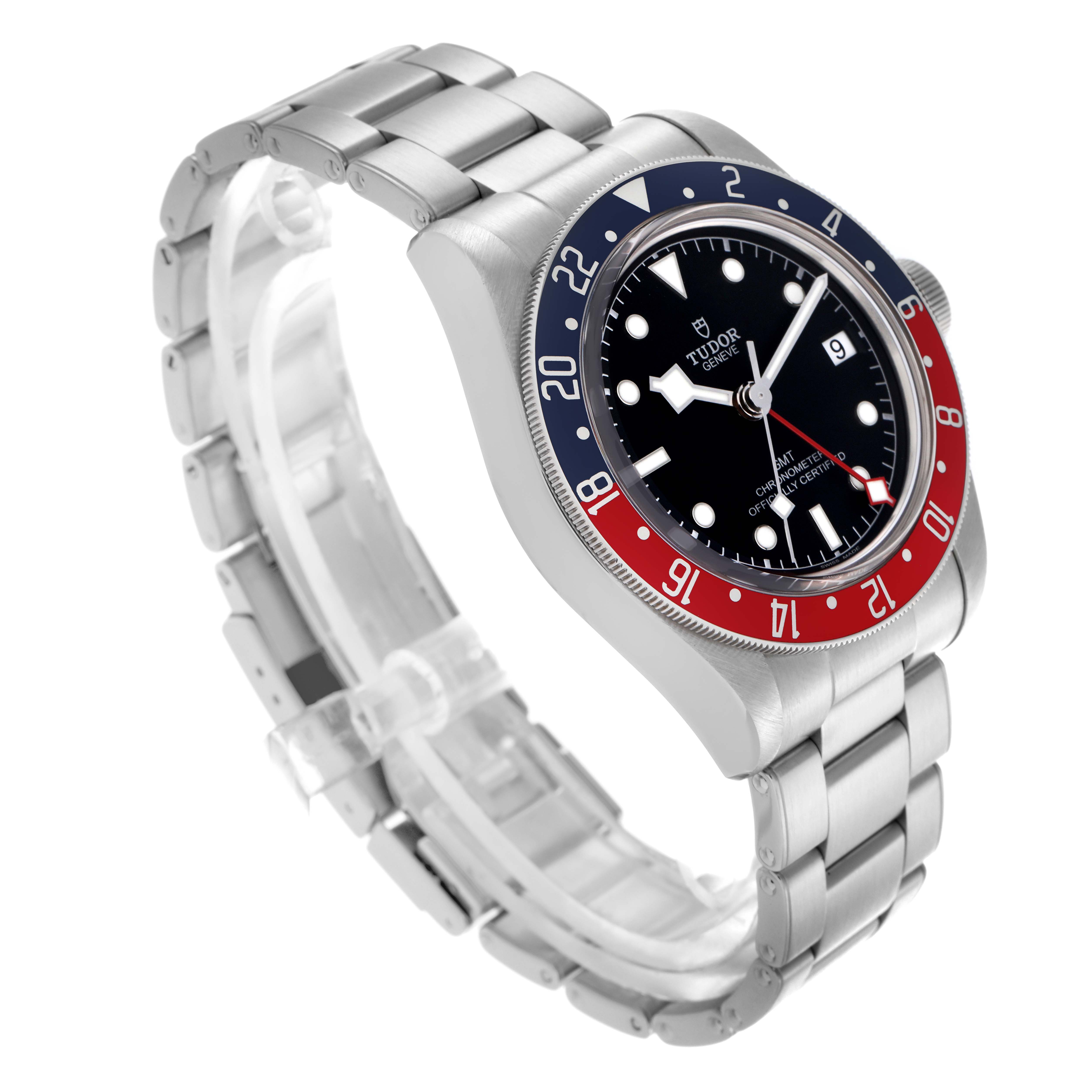 The image shows the Tudor Heritage Black Bay 79830RB Men
s Stainless Steel Black Dial 79830RB Men
s Stainless Steel Black Dial watch at a three-quarter angle, highlighting the bezel, dial, and bracelet.