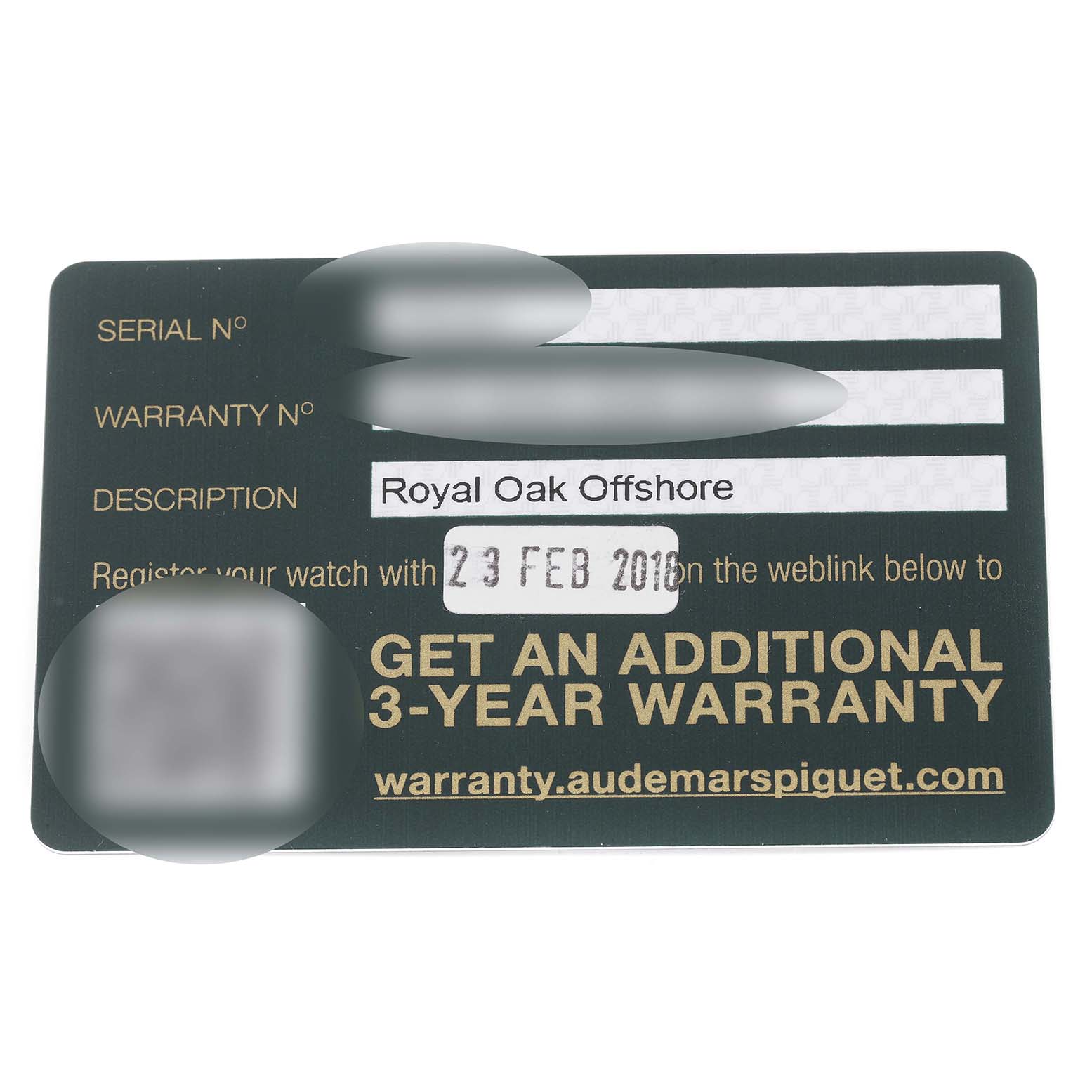 This image shows a warranty card for the Audemars Piguet Royal Oak Offshore 26400IO.OO.A004CA.01 Men's Titanium Grey Dial 26400IO.OO.A004CA.01 Men's Titanium Grey Dial model, including serial and warranty numbers.