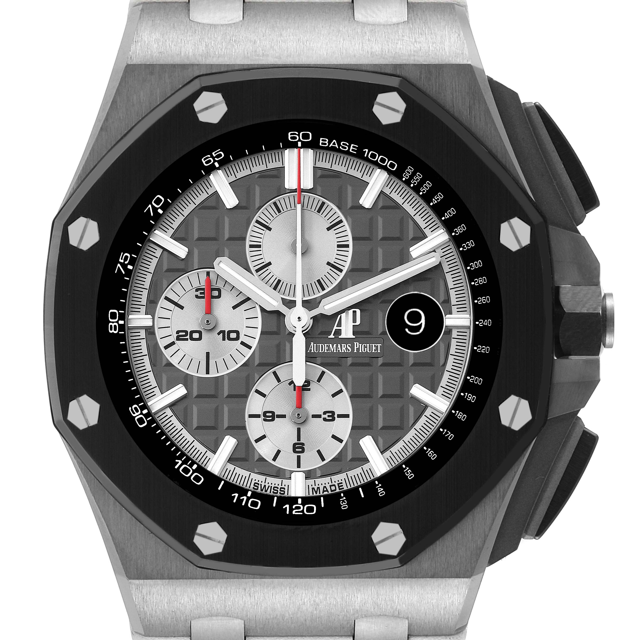 This Audemars Piguet Royal Oak Offshore 26400IO.OO.A004CA.01 Men's Titanium Grey Dial 26400IO.OO.A004CA.01 Men's Titanium Grey Dial watch is shown from the front, highlighting the dial, subdials, bezel, and part of the bracelet.
