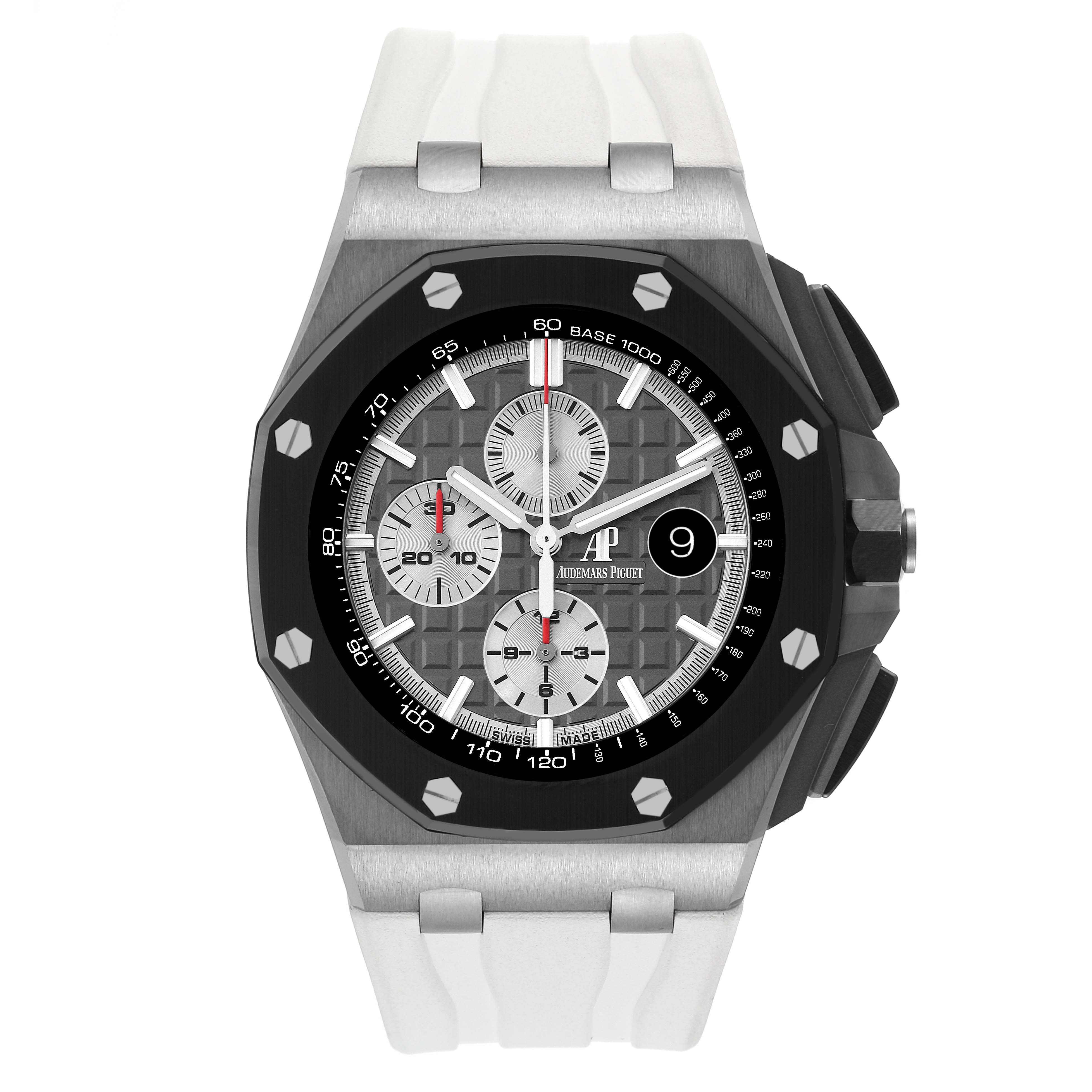 This image shows the front view of the Royal Oak Offshore watch by Audemars Piguet, highlighting the dial and bezel.