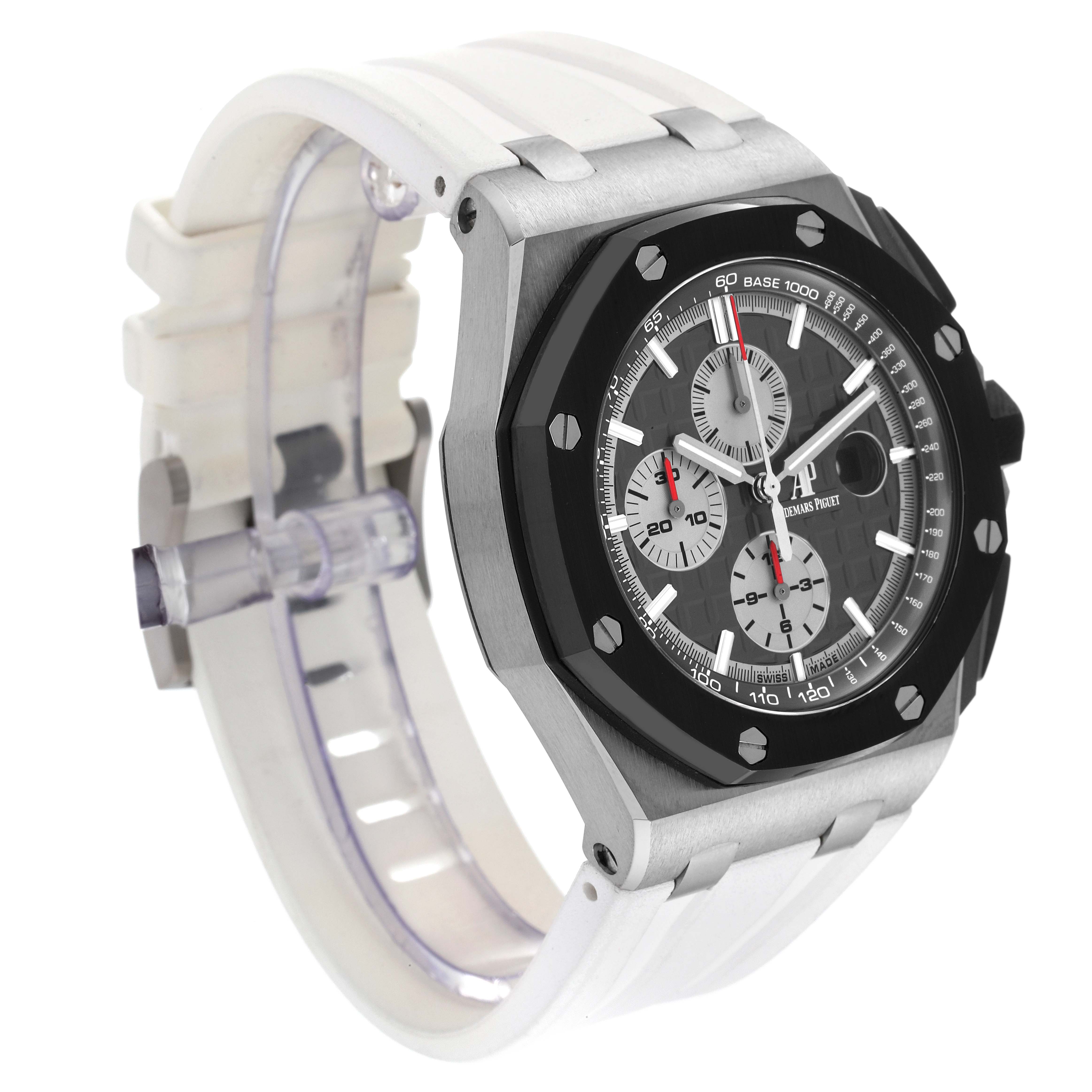 The image shows a Royal Oak Offshore by Audemars Piguet from a front angle, highlighting the face, bezel, and white strap.