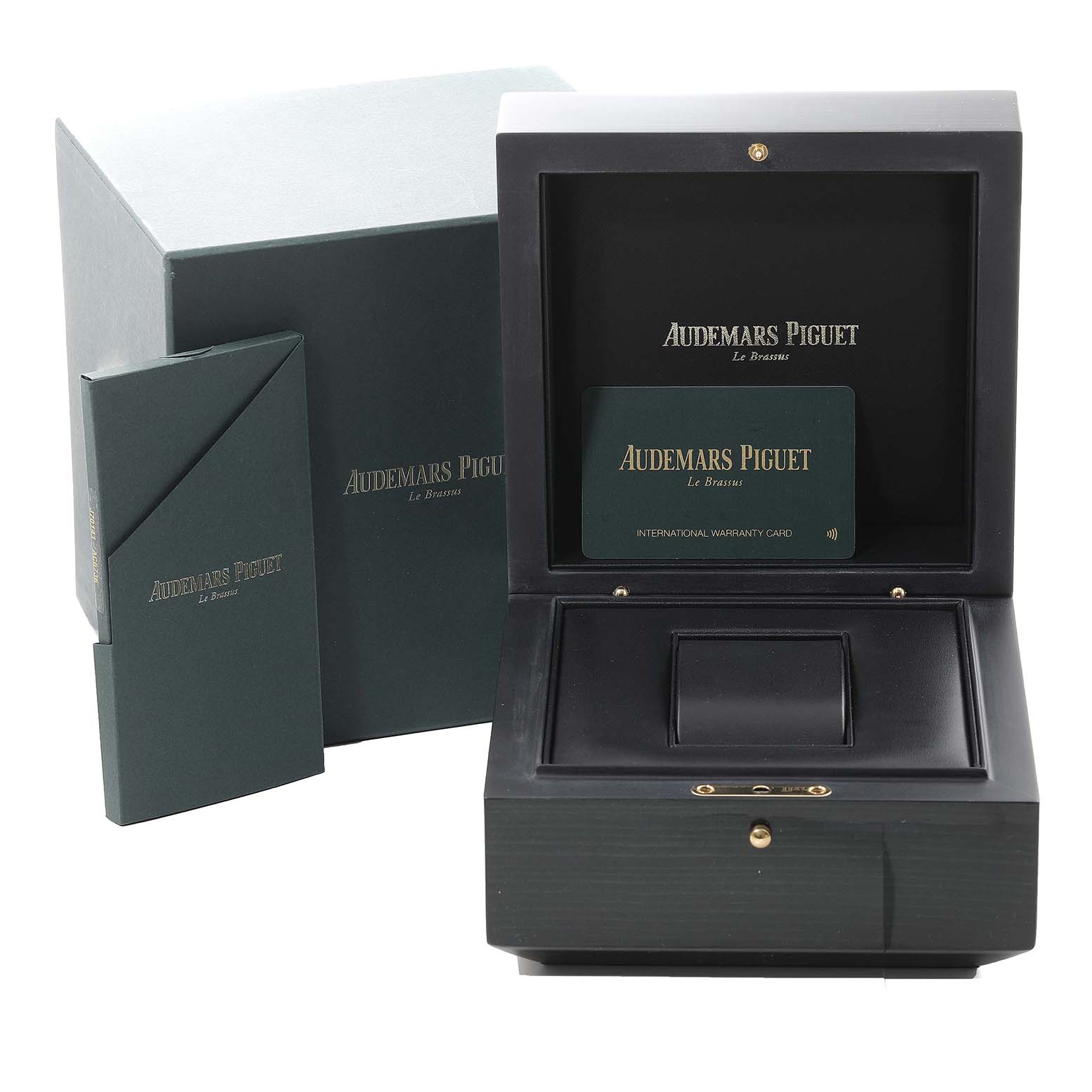 The image shows the packaging and parts of the Audemars Piguet Royal Oak Offshore 26400IO.OO.A004CA.01 Men's Titanium Grey Dial 26400IO.OO.A004CA.01 Men's Titanium Grey Dial watch, including a box, warranty card, and documents.