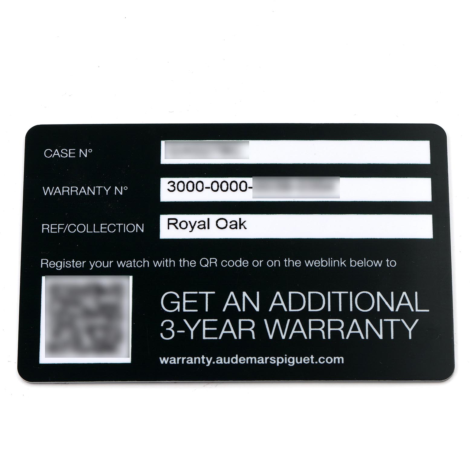 This image shows a warranty card for the Audemars Piguet Royal Oak 77350SR.OO.1261SR.01 Men
s Steel and Gold (two tone) Silver Dial 77350SR.OO.1261SR.01 Men
s Steel and Gold (two tone) Silver Dial watch, displaying the warranty number and collection name.