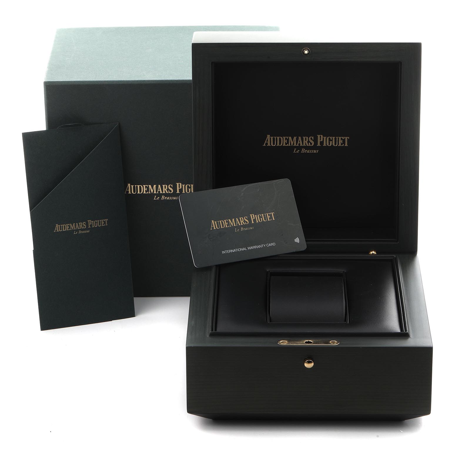 The image shows the Audemars Piguet Royal Oak 77350SR.OO.1261SR.01 Men
s Steel and Gold (two tone) Silver Dial 77350SR.OO.1261SR.01 Men
s Steel and Gold (two tone) Silver Dial packaging, including a box, warranty card, and envelope, viewed from the front.