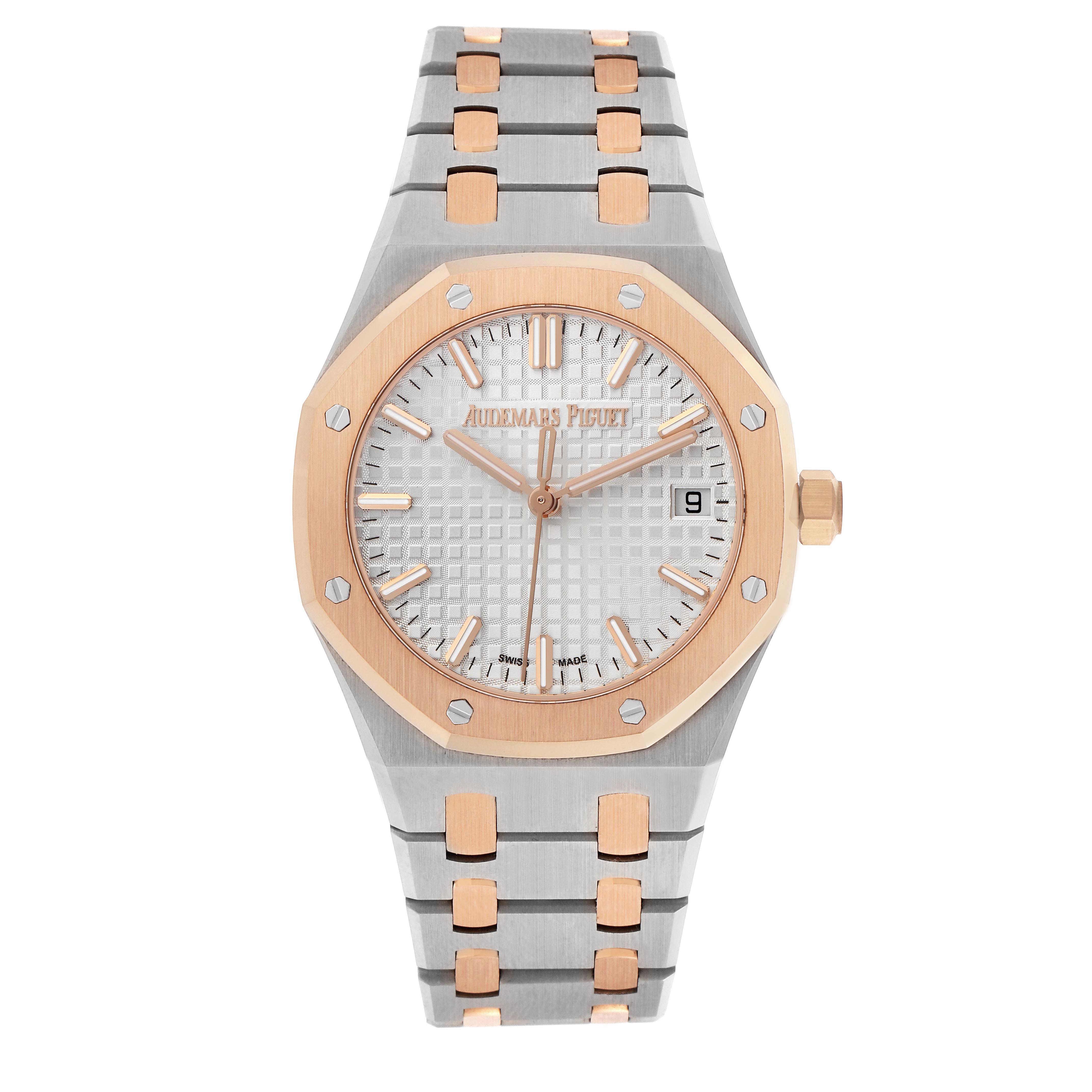 The Audemars Piguet Royal Oak 77350SR.OO.1261SR.01 Men
s Steel and Gold (two tone) Silver Dial watch is shown from the front angle, displaying the dial, bezel, and bracelet.