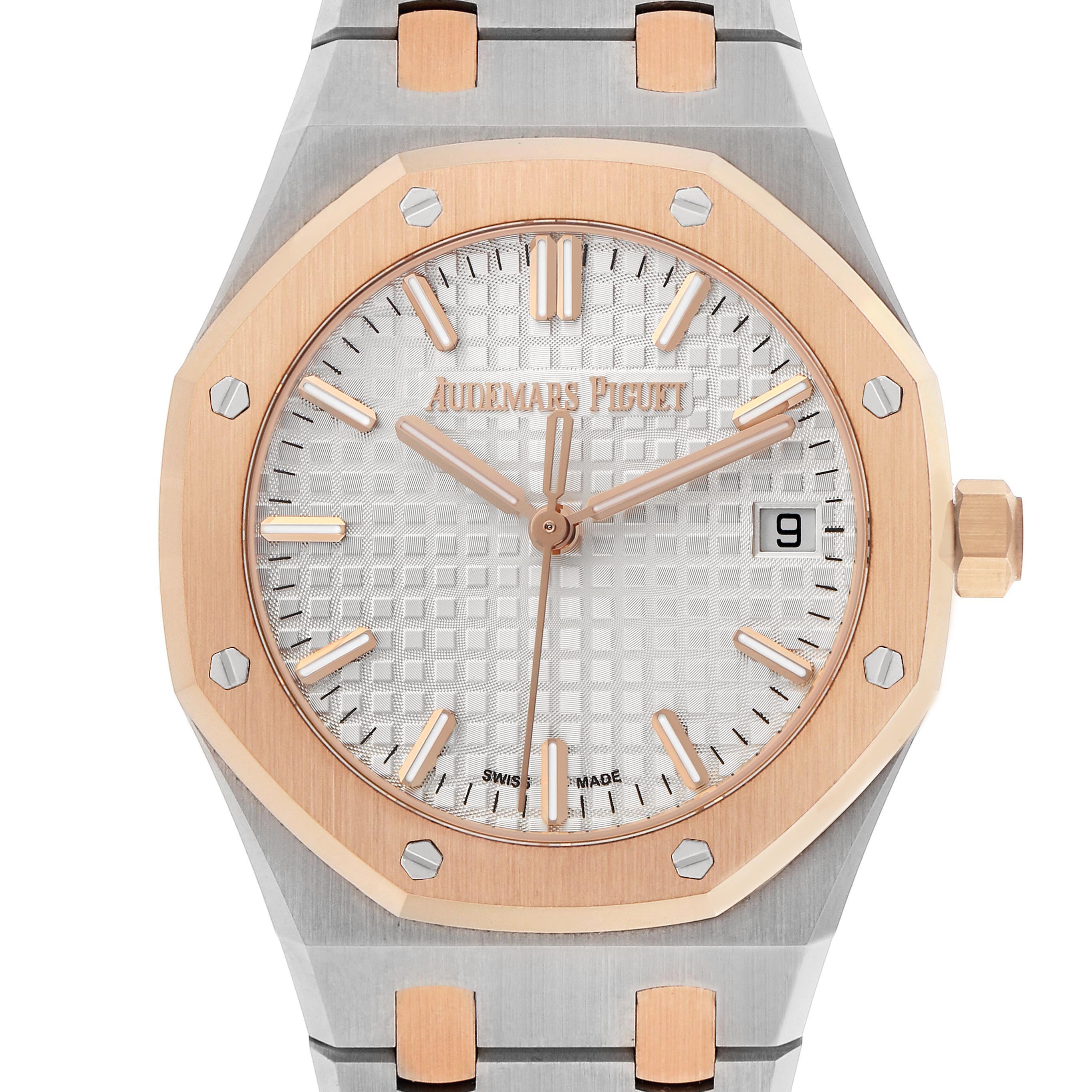 The Audemars Piguet Royal Oak 77350SR.OO.1261SR.01 Men
s Steel and Gold (two tone) Silver Dial watch is shown from the front, displaying the dial, bezel, hour markers, and crown.