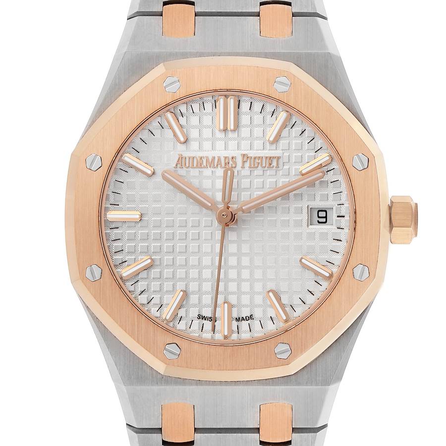 The Audemars Piguet Royal Oak 77350SR.OO.1261SR.01 Men
s Steel and Gold (two tone) Silver Dial watch is shown from the front, displaying the dial, bezel, hour markers, and crown.