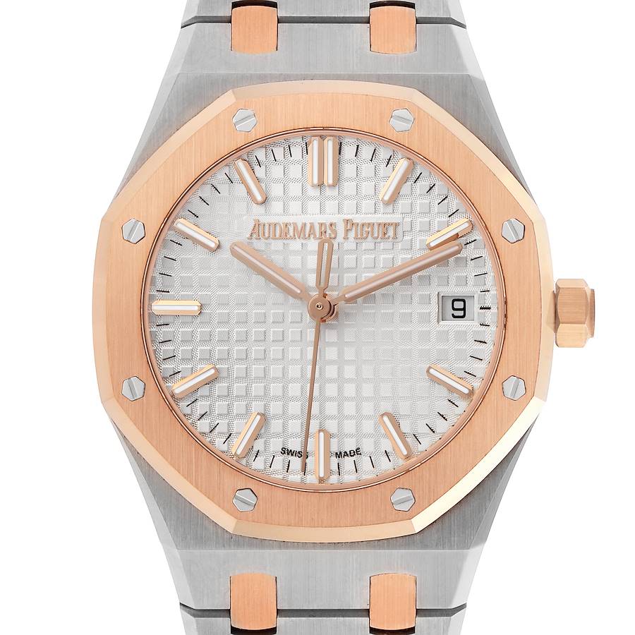 The Audemars Piguet Royal Oak is shown from the front, highlighting its octagonal bezel, tapisserie dial, and date window.
