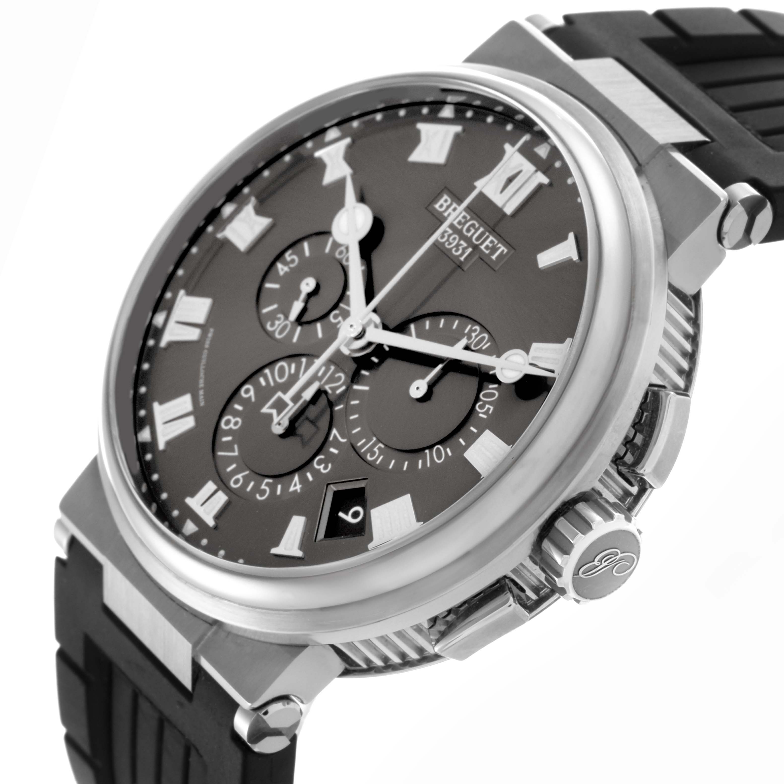 The Breguet Marine G5527I/G2/5WV Men
s Titanium Grey Dial G5527I/G2/5WV Men
s Titanium Grey Dial watch is shown at a slight angle, displaying the dial, bezel, and side crown, with a focus on its chronograph features.