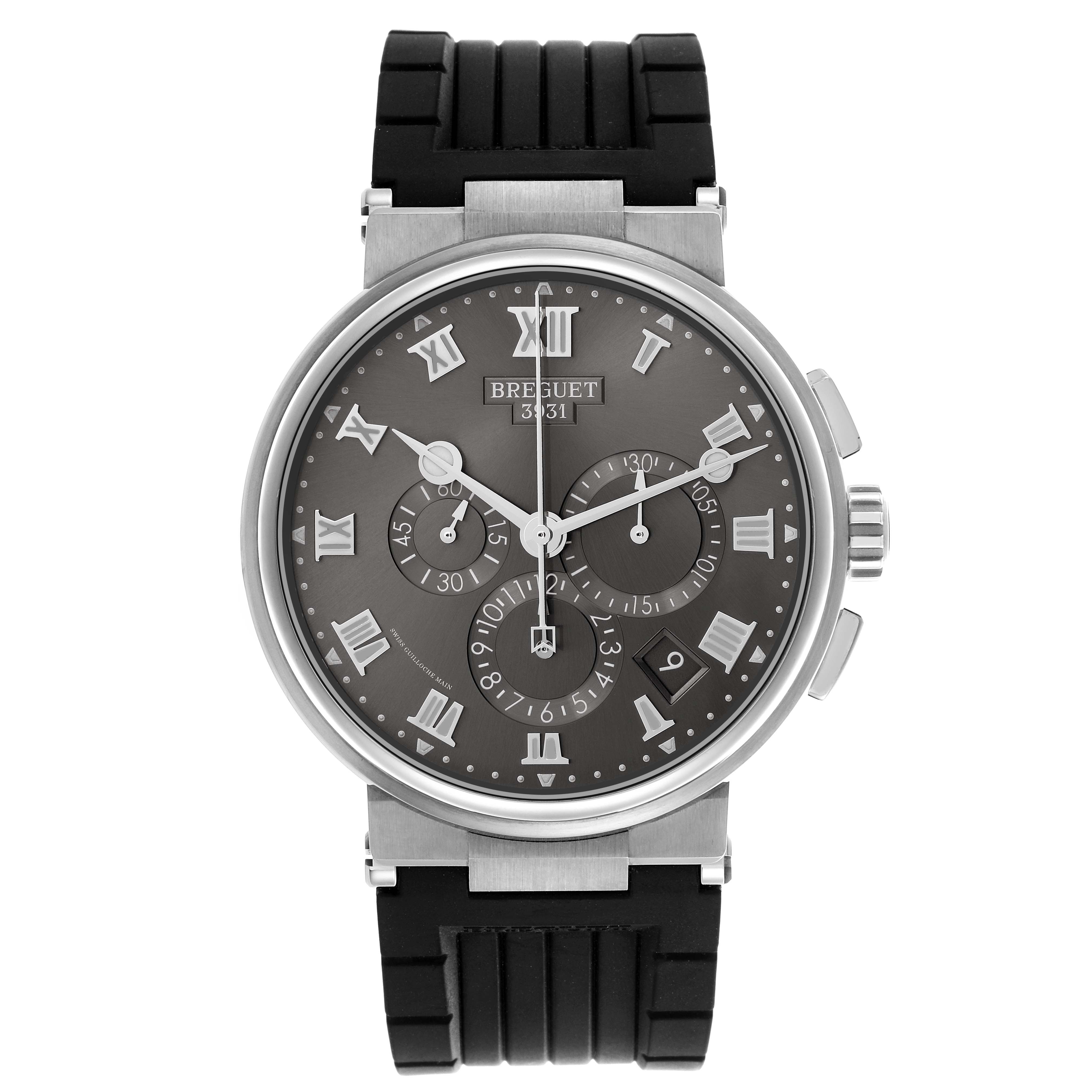 The Breguet Marine G5527I/G2/5WV Men
s Titanium Grey Dial G5527I/G2/5WV Men
s Titanium Grey Dial watch is shown from a front angle, highlighting its face, dials, and part of the black strap.