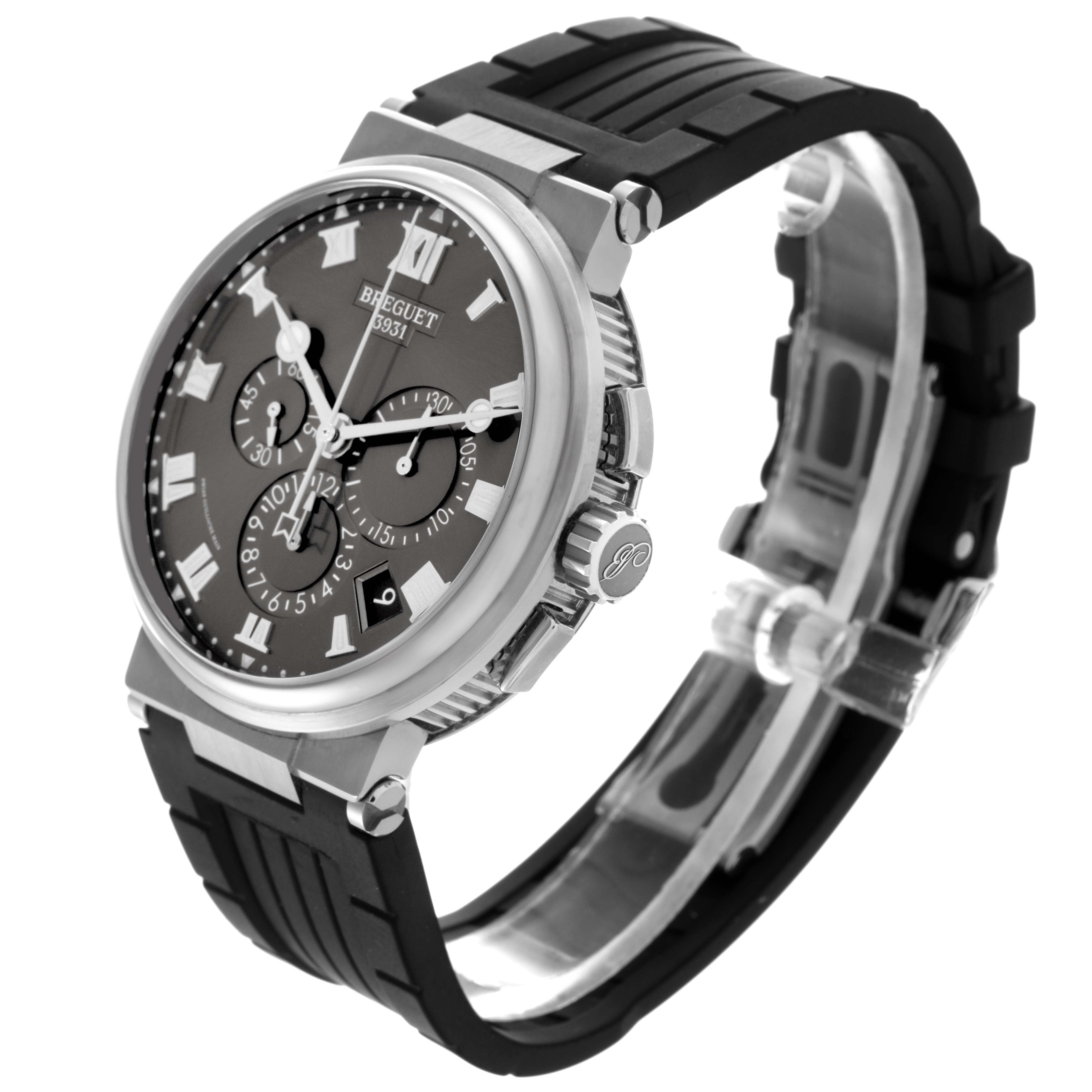 The Breguet Marine G5527I/G2/5WV Men
s Titanium Grey Dial G5527I/G2/5WV Men
s Titanium Grey Dial watch is angled showing the face, side profile, crown, and part of the strap with visible details.