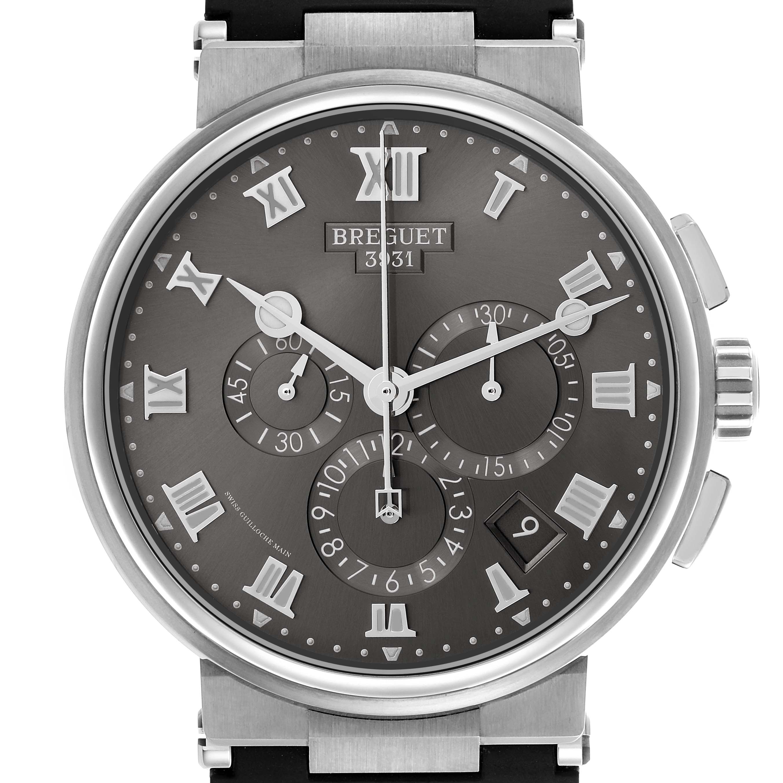 The Breguet Marine G5527I/G2/5WV Men
s Titanium Grey Dial G5527I/G2/5WV Men
s Titanium Grey Dial watch is captured straight-on, showing the full face with Roman numerals, subdials, and the crown.