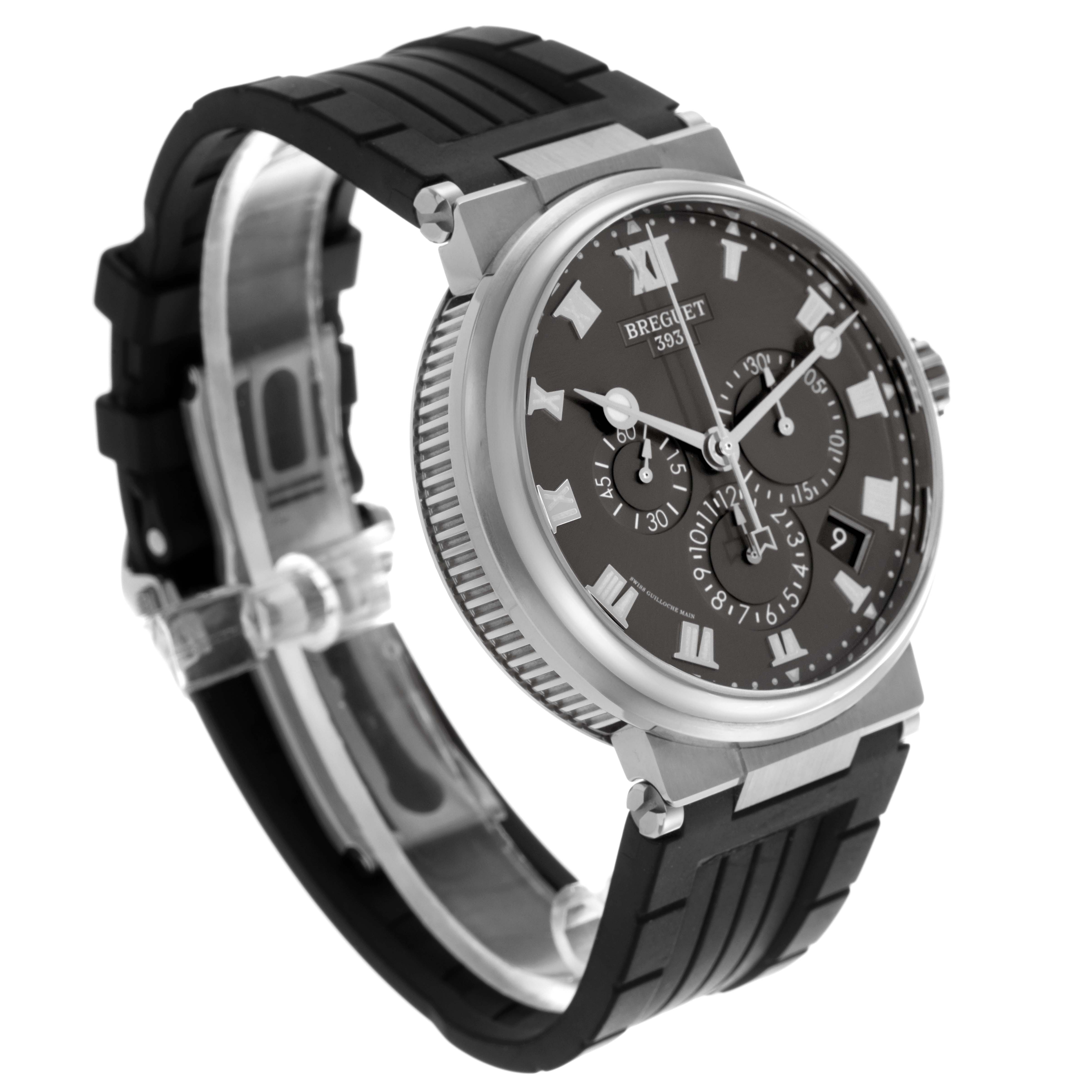 The Breguet Marine G5527I/G2/5WV Men
s Titanium Grey Dial G5527I/G2/5WV Men
s Titanium Grey Dial watch is shown at an angled side view, highlighting its dial, bezel, and rubber strap.