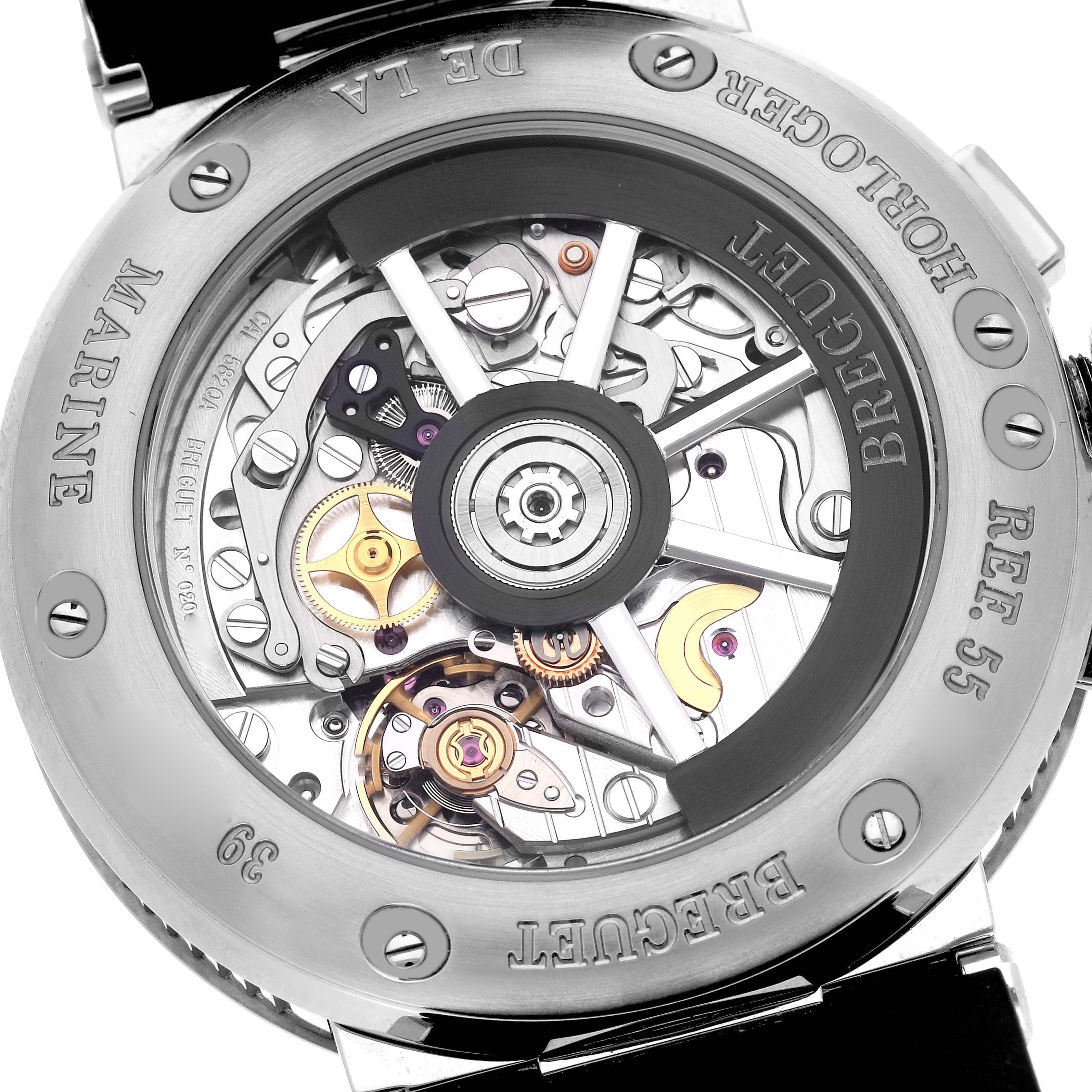 The image shows the back view of the Breguet Marine G5527I/G2/5WV Men
s Titanium Grey Dial G5527I/G2/5WV Men
s Titanium Grey Dial watch, highlighting its intricate mechanical movement.