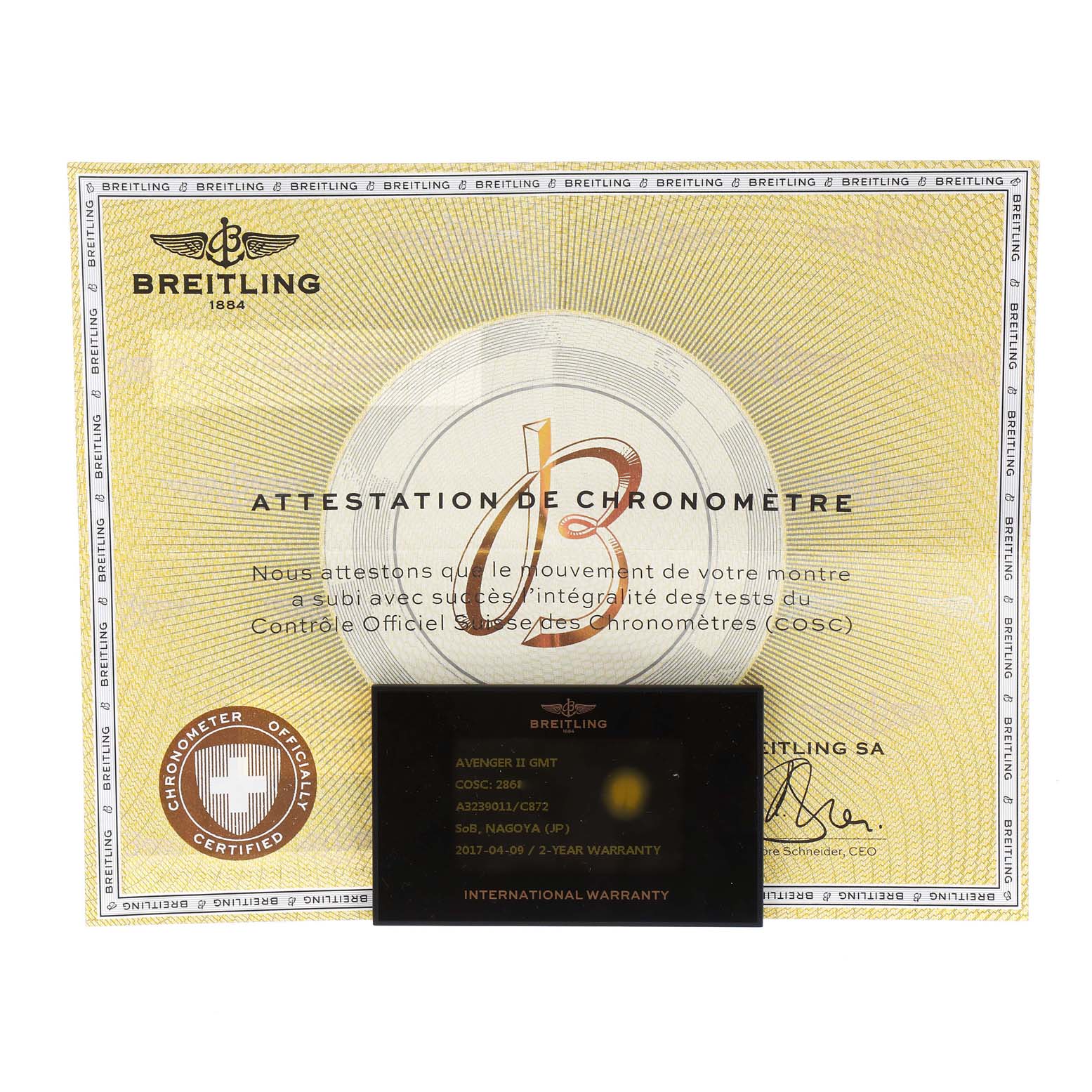 The image shows an official Breitling certificate and warranty card for the Superocean model.