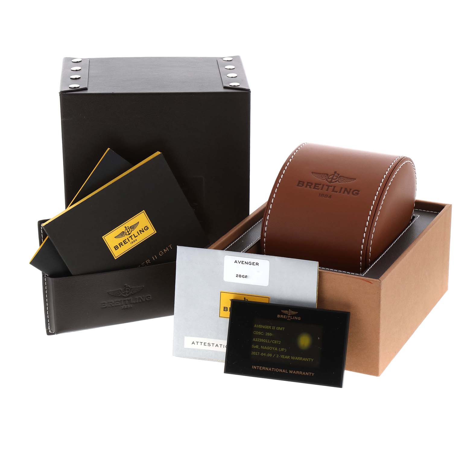 The image shows the packaging, warranty cards, and manuals for the Breitling Superocean A3239011-C872-170A Men's Stainless Steel Blue Dial A3239011-C872-170A Men's Stainless Steel Blue Dial watch.