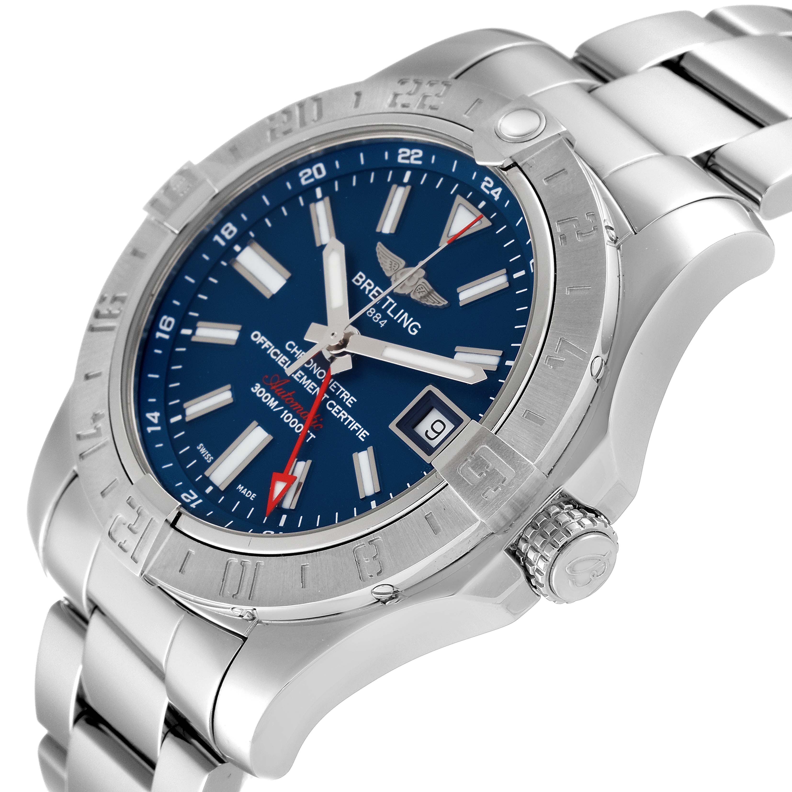 The image shows a Breitling Superocean A3239011-C872-170A Men's Stainless Steel Blue Dial A3239011-C872-170A Men's Stainless Steel Blue Dial watch angle from the front-right, displaying the face, bezel, band, and crown.