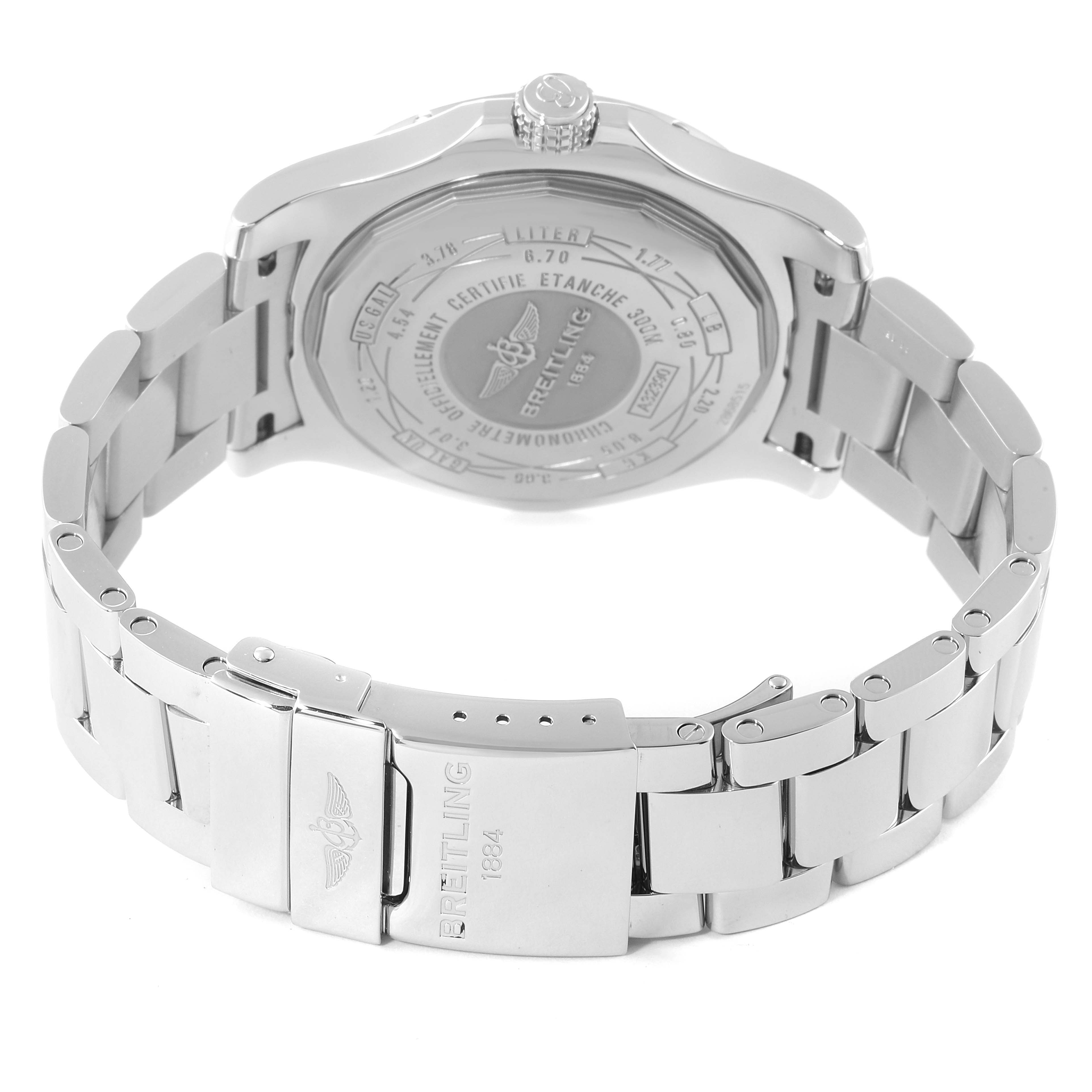 The image shows the backside and metal bracelet of a Breitling Superocean A3239011-C872-170A Men's Stainless Steel Blue Dial A3239011-C872-170A Men's Stainless Steel Blue Dial watch, featuring the clasp and engraved case back.