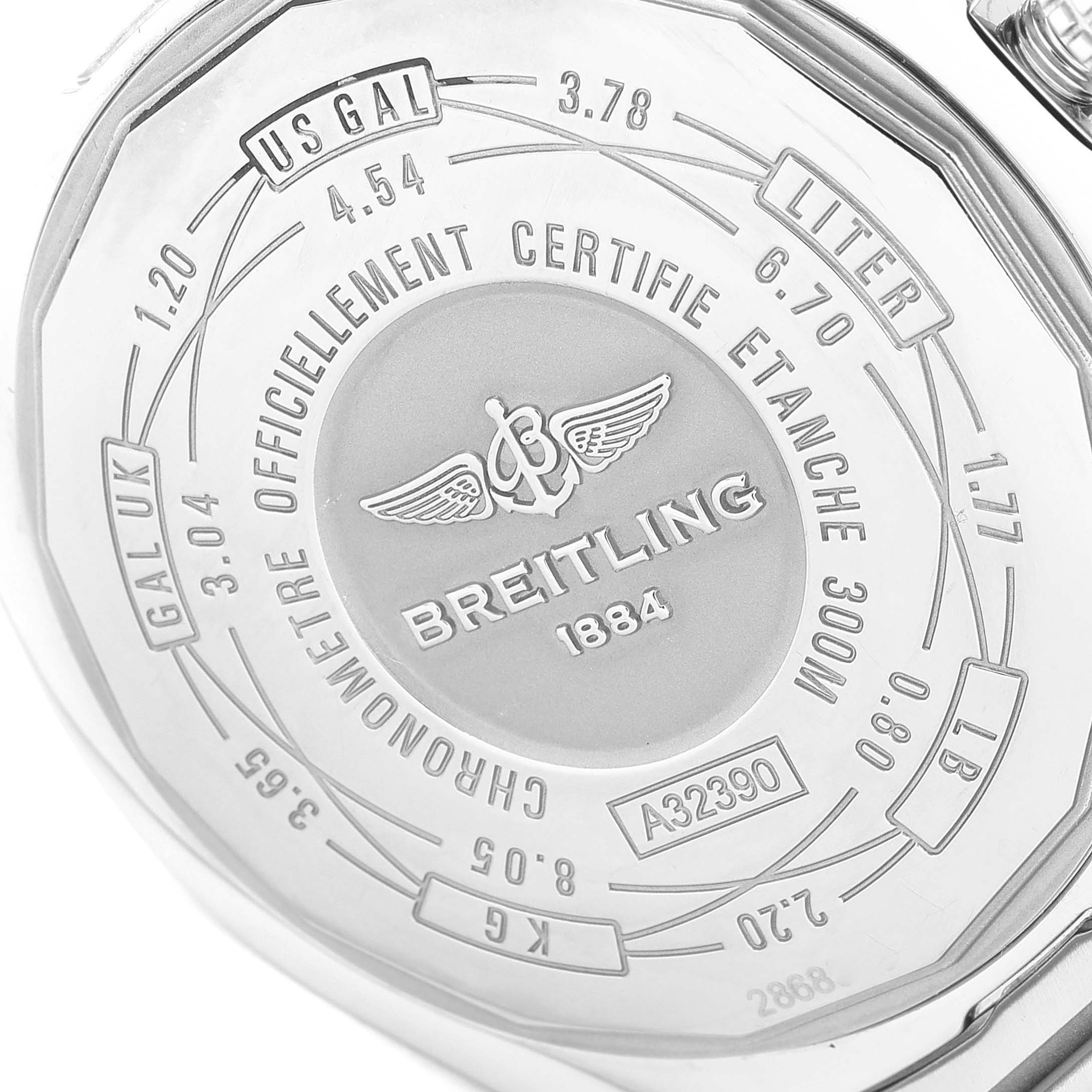 The image shows the back case of a Breitling Superocean A3239011-C872-170A Men's Stainless Steel Blue Dial A3239011-C872-170A Men's Stainless Steel Blue Dial watch, detailing its specifications and certifications.