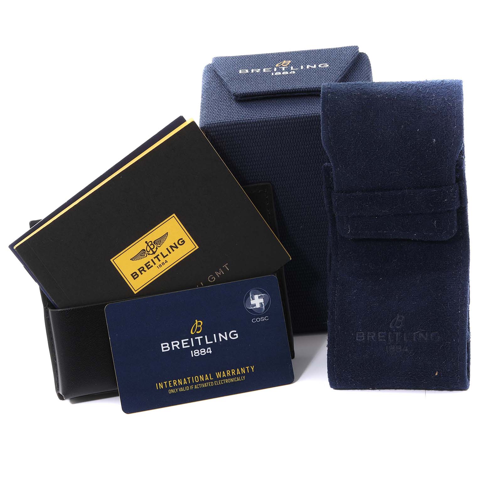 The image shows the packaging, warranty card, and booklet for the Breitling Avenger A3239011/A809 Men's Stainless Steel Mother of Pearl Dial A3239011/A809 Men's Stainless Steel Mother of Pearl Dial watch.