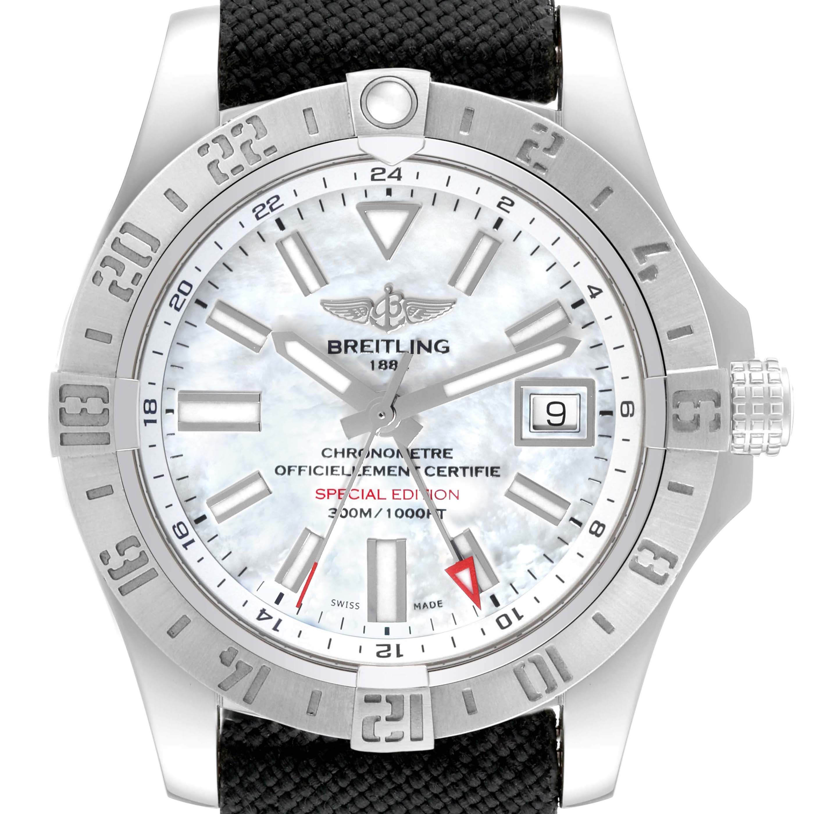 The image shows a front view of the Breitling Avenger A3239011/A809 Men's Stainless Steel Mother of Pearl Dial A3239011/A809 Men's Stainless Steel Mother of Pearl Dial watch, highlighting the bezel, dial, hands, date window, and strap.