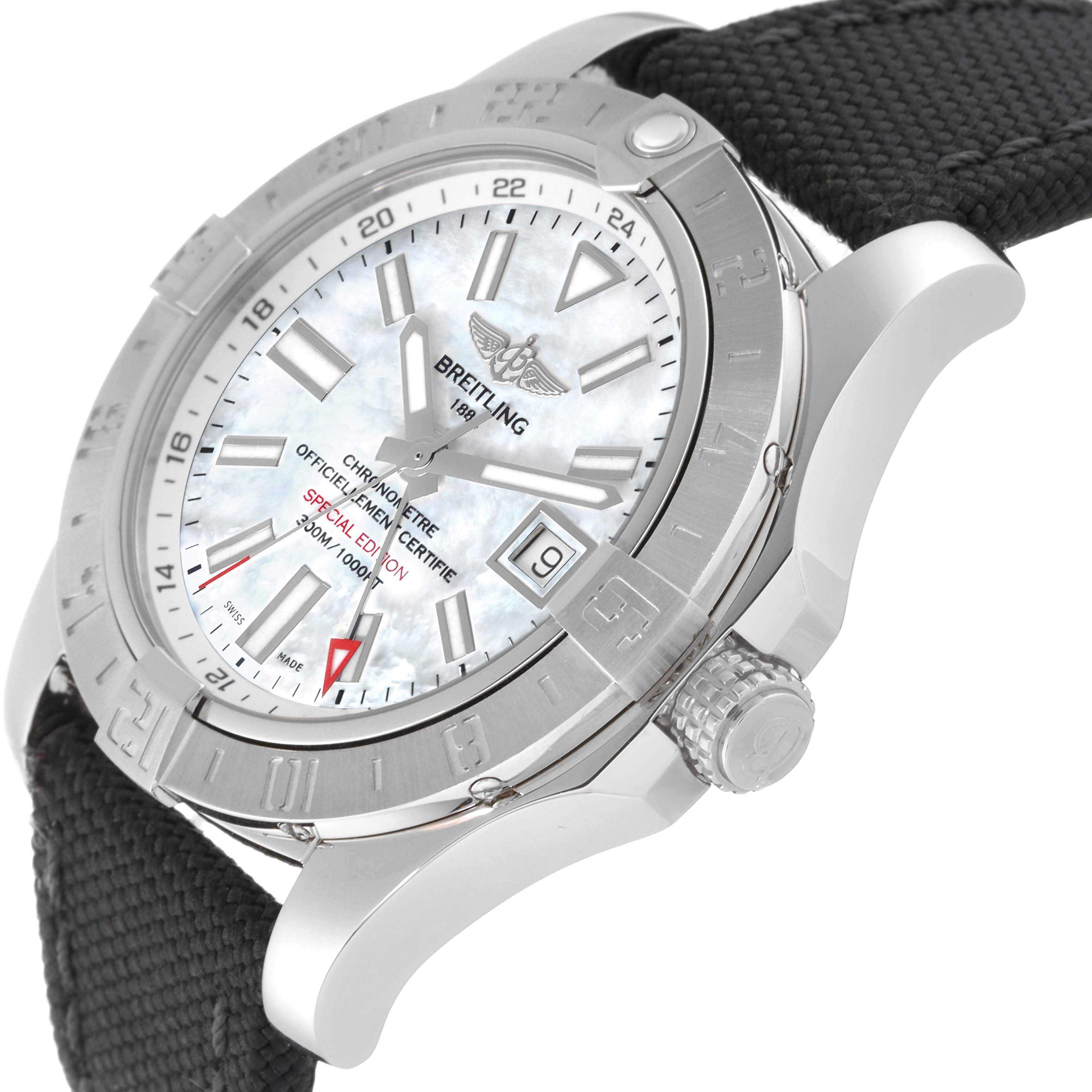 The image shows a side and front angle of the Breitling Avenger A3239011/A809 Men's Stainless Steel Mother of Pearl Dial A3239011/A809 Men's Stainless Steel Mother of Pearl Dial model, highlighting the bezel, dial, and crown.