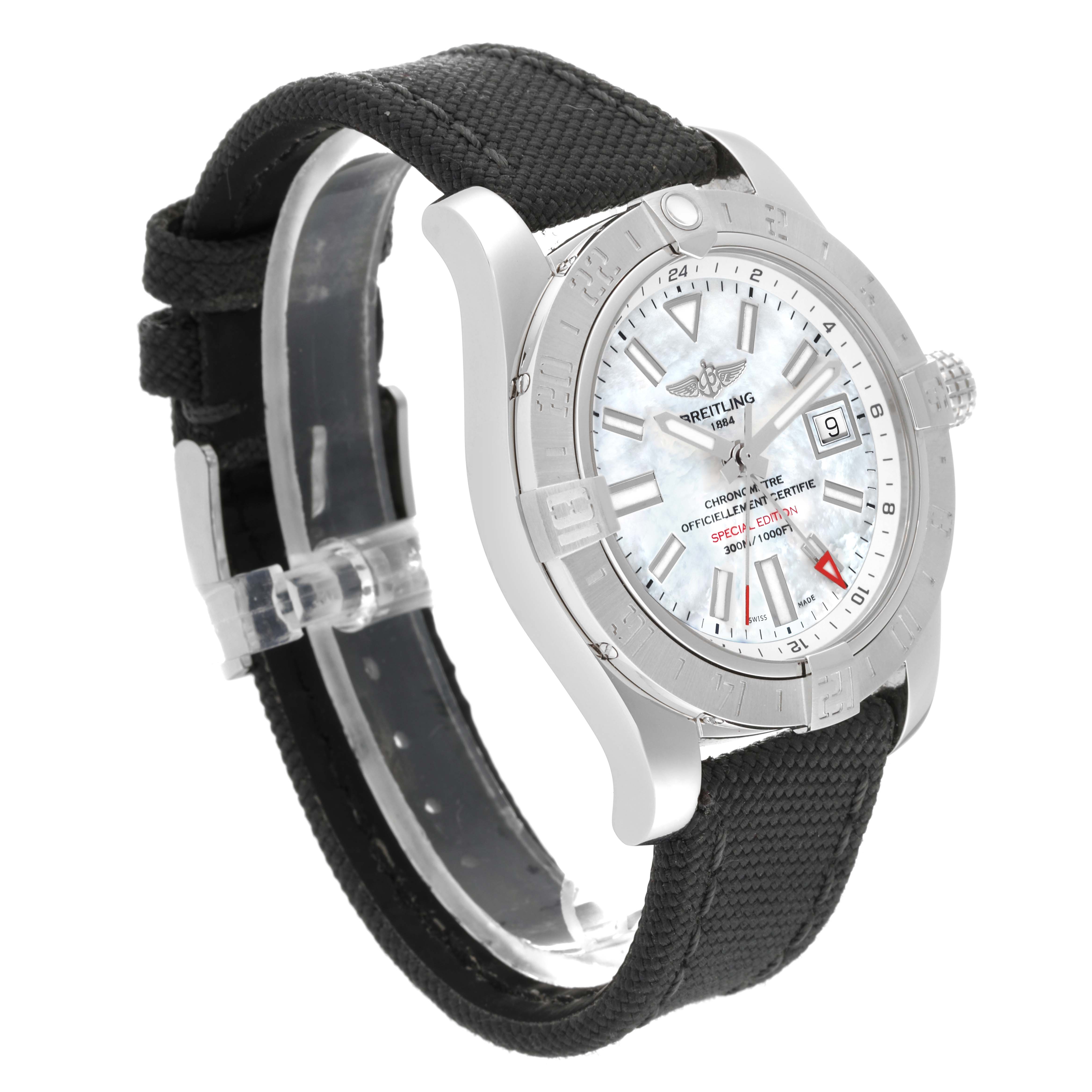 This image shows the Breitling Avenger A3239011/A809 Men's Stainless Steel Mother of Pearl Dial A3239011/A809 Men's Stainless Steel Mother of Pearl Dial watch at a three-quarter angle, displaying the face, bezel, and strap clearly.