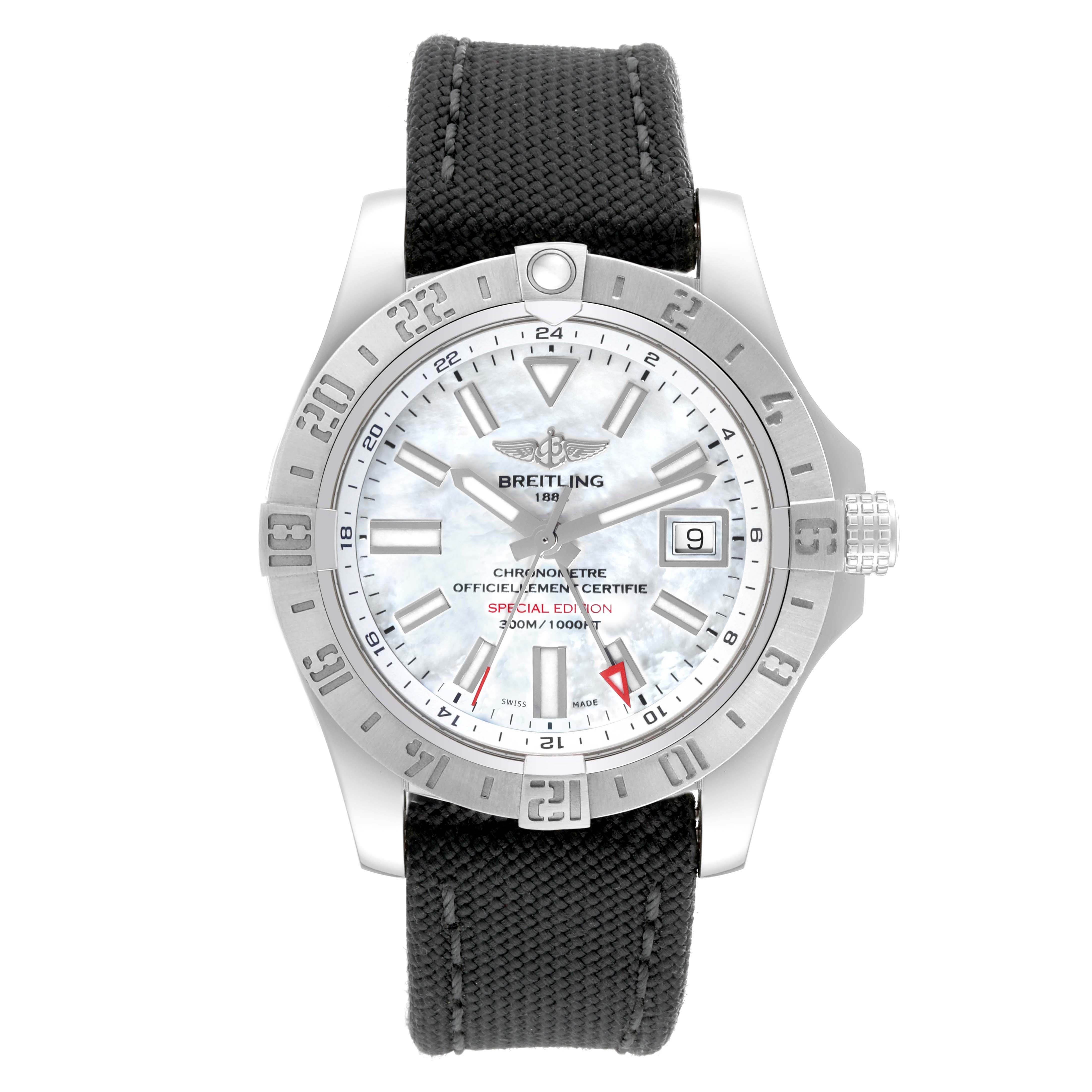 The image shows a front view of a Breitling Avenger A3239011/A809 Men's Stainless Steel Mother of Pearl Dial A3239011/A809 Men's Stainless Steel Mother of Pearl Dial watch, including its dial, bezel, and black strap.