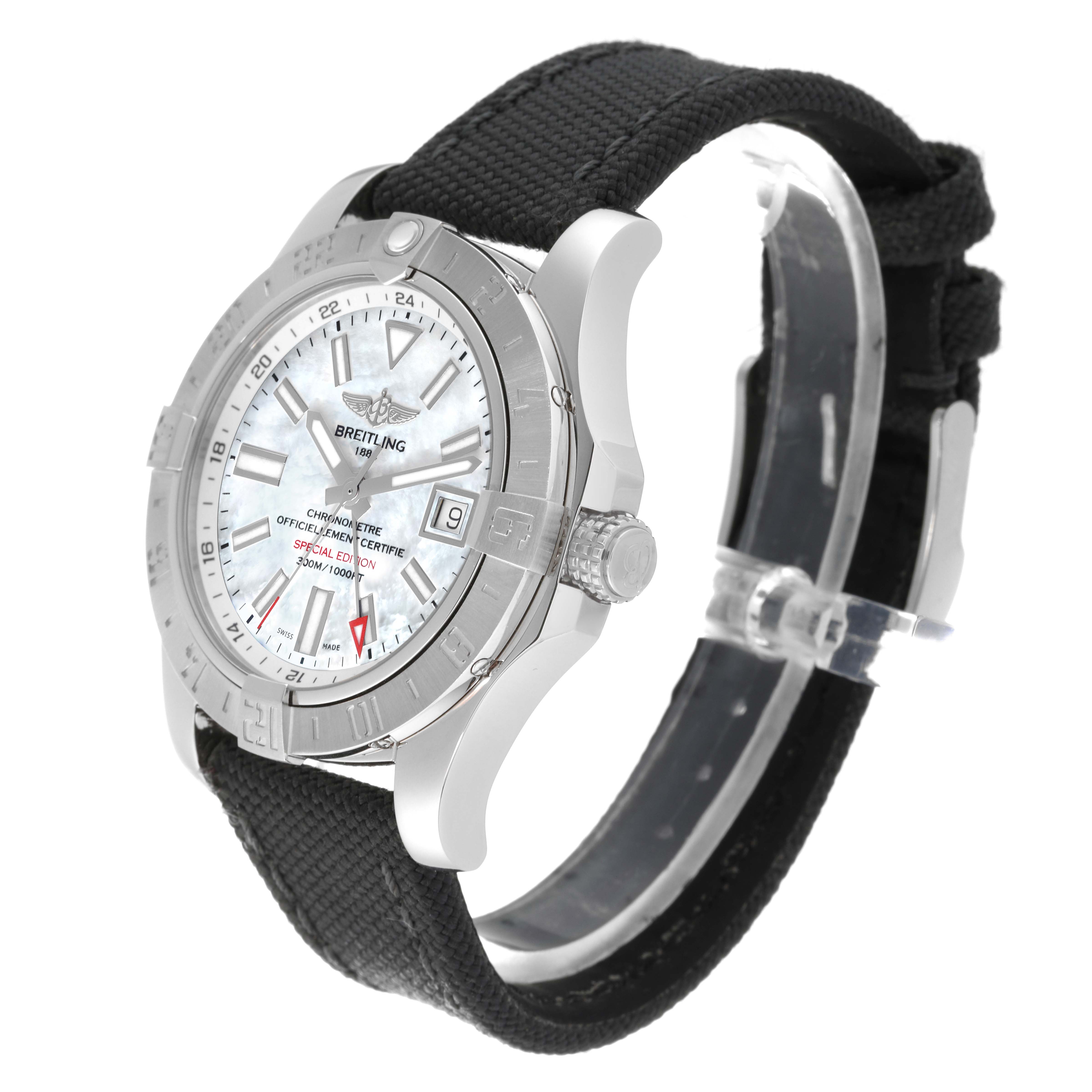 The image shows a side view of a Breitling Avenger A3239011/A809 Men's Stainless Steel Mother of Pearl Dial A3239011/A809 Men's Stainless Steel Mother of Pearl Dial watch, highlighting the face, bezel, and part of the strap.