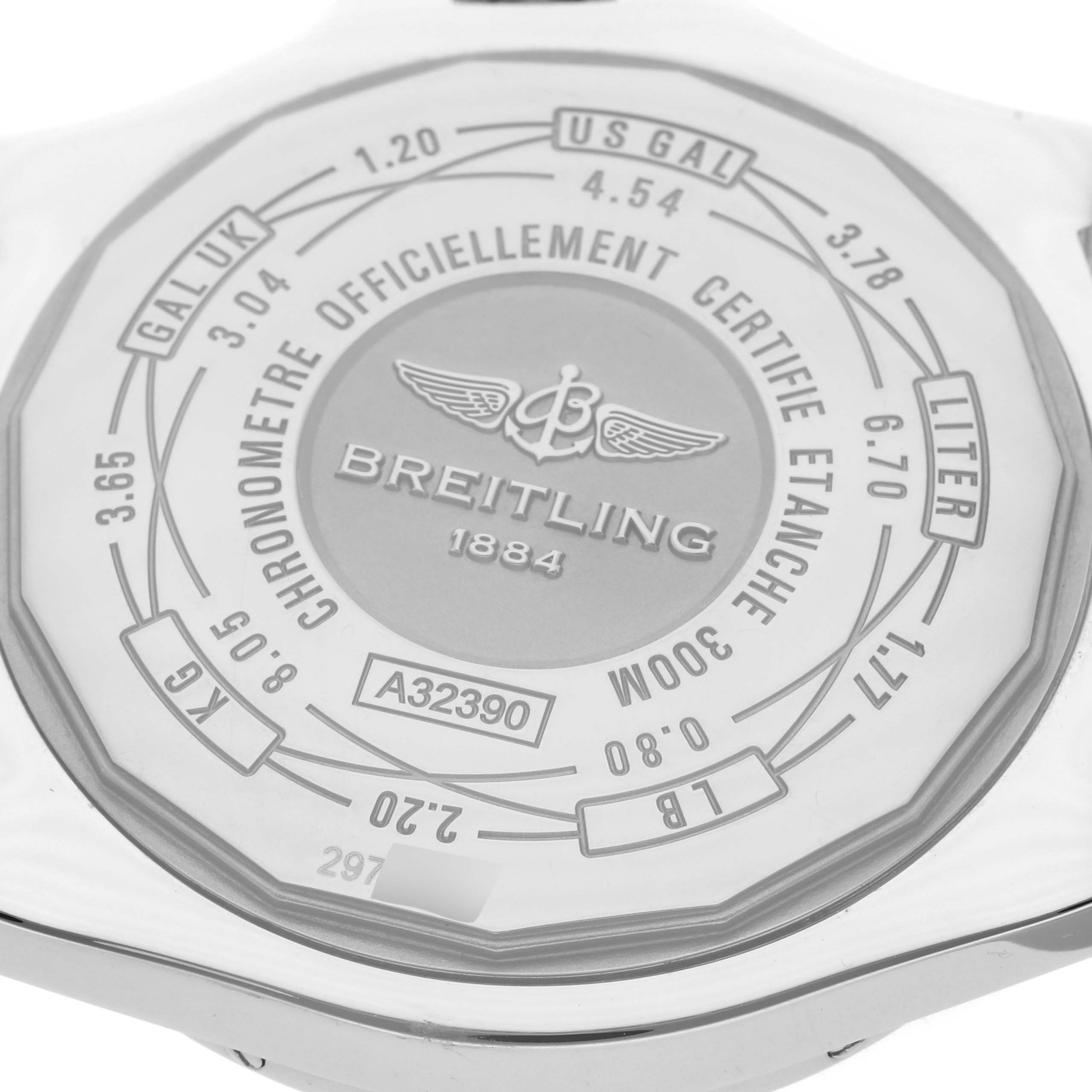 This image shows the back casing of a Breitling Avenger A3239011/A809 Men's Stainless Steel Mother of Pearl Dial A3239011/A809 Men's Stainless Steel Mother of Pearl Dial watch, featuring engravings and brand details.