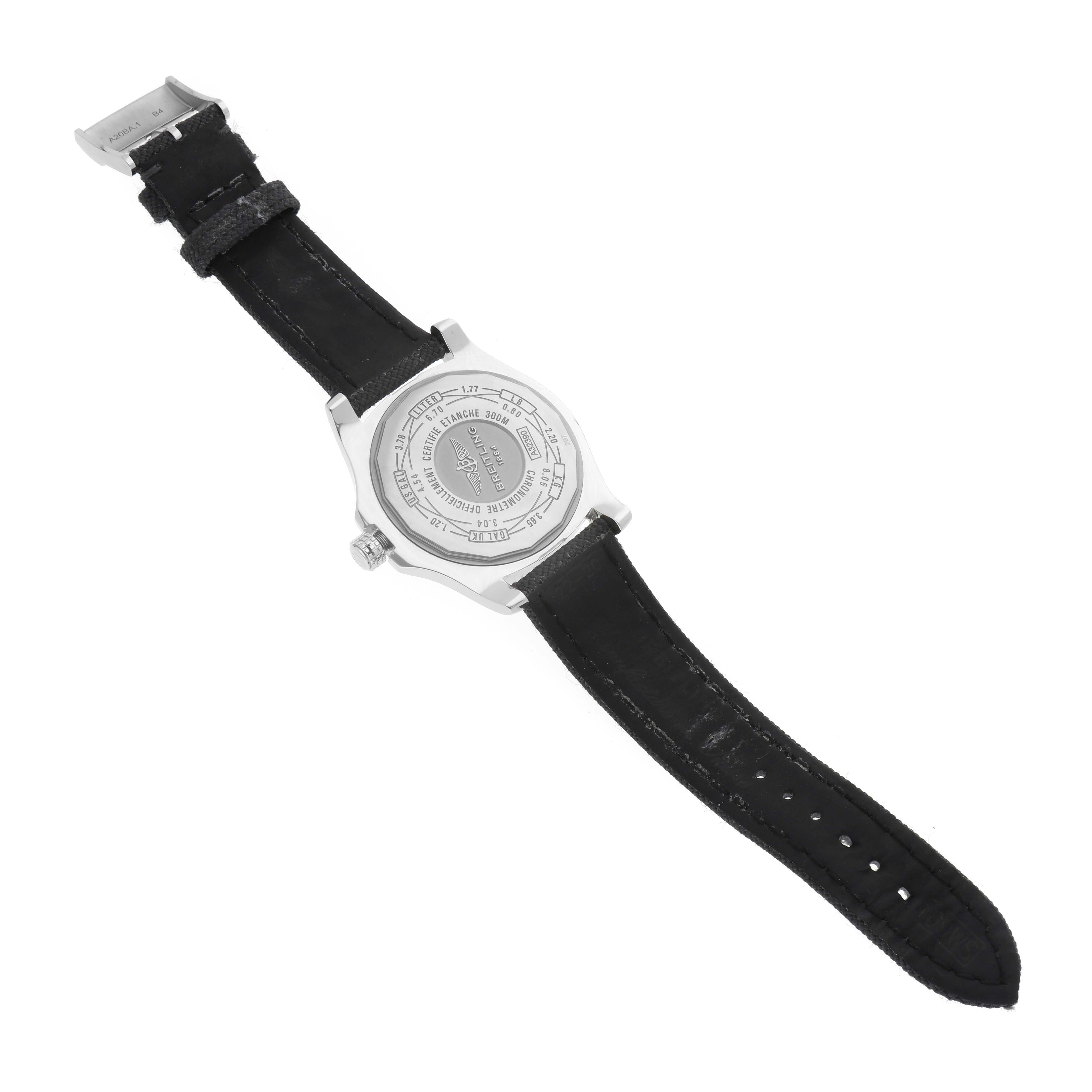 The image shows the backside and strap of a Breitling Avenger A3239011/A809 Men's Stainless Steel Mother of Pearl Dial A3239011/A809 Men's Stainless Steel Mother of Pearl Dial watch, highlighting the case back and black leather band.