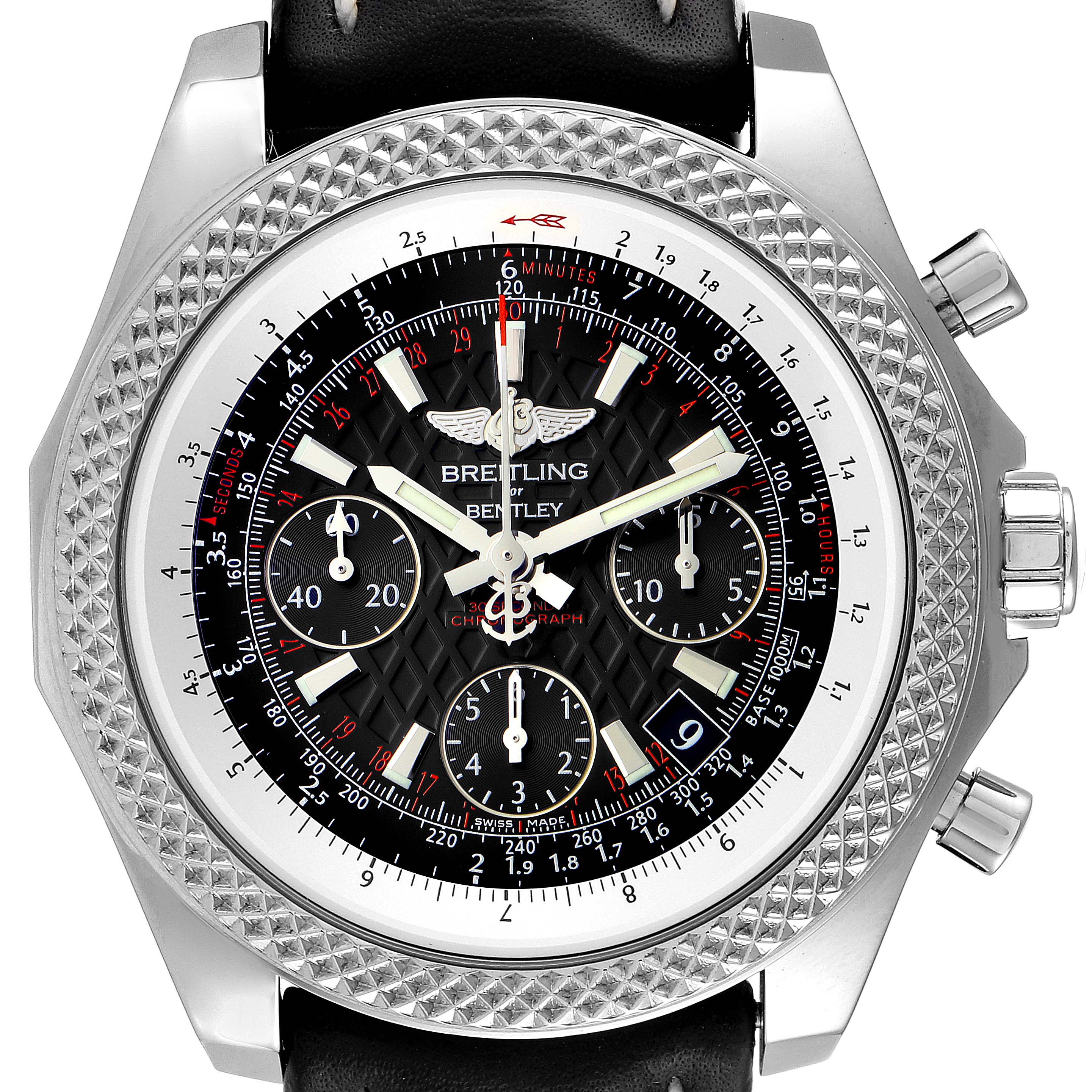 The Breitling Bentley AB061221/BD93 Men's Stainless Steel Black Dial AB061221/BD93 Men's Stainless Steel Black Dial watch is shown from a top-down angle, displaying the face, bezels, sub-dials, and pushers.