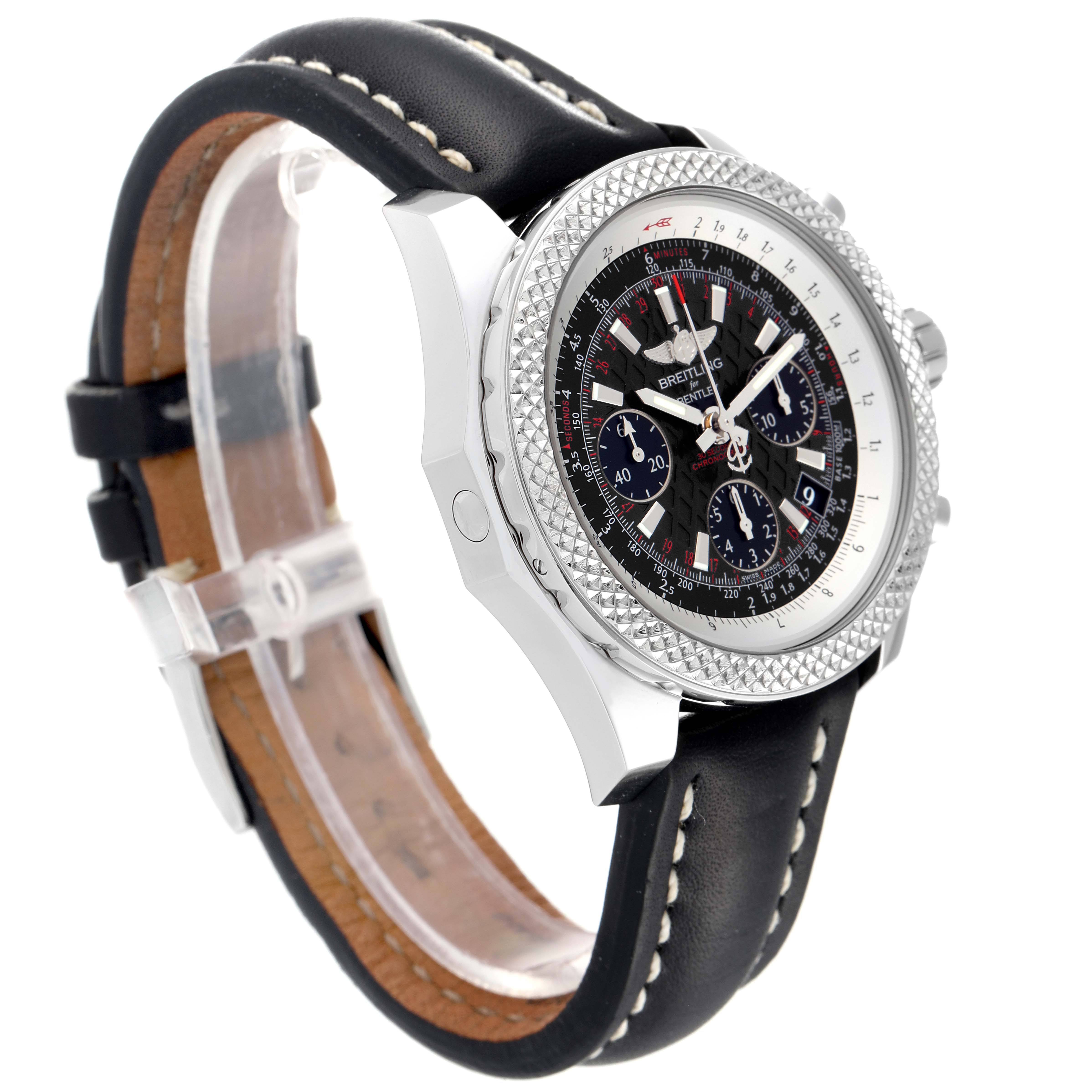 The image shows a Bentley model by Breitling from a side angle, highlighting the watch's bezel, dial, and leather strap.