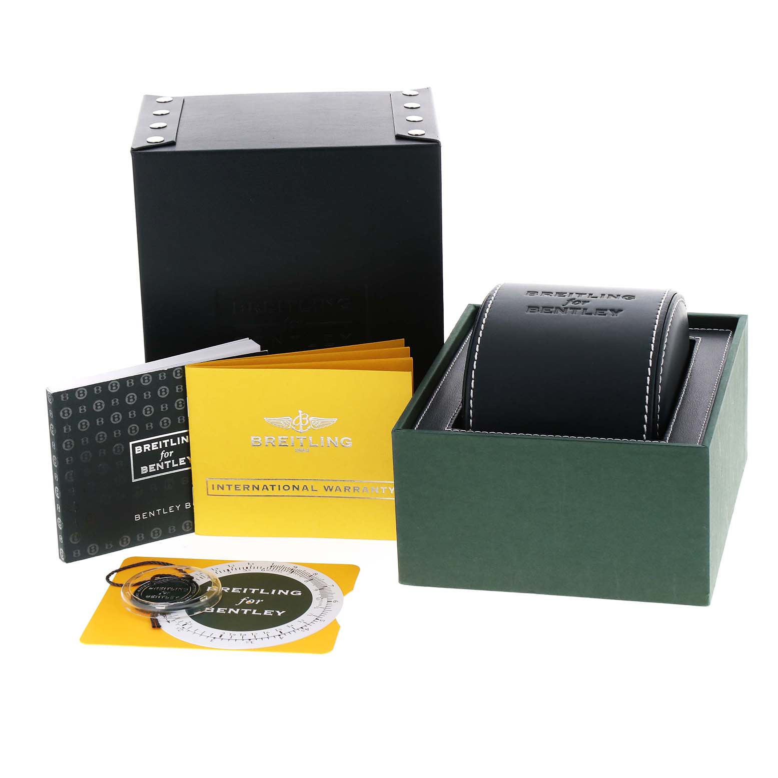 The image shows a Breitling Bentley AB061221/BD93 Men's Stainless Steel Black Dial AB061221/BD93 Men's Stainless Steel Black Dial watch box set with manuals, warranty card, case, and accessories, viewed from the front.