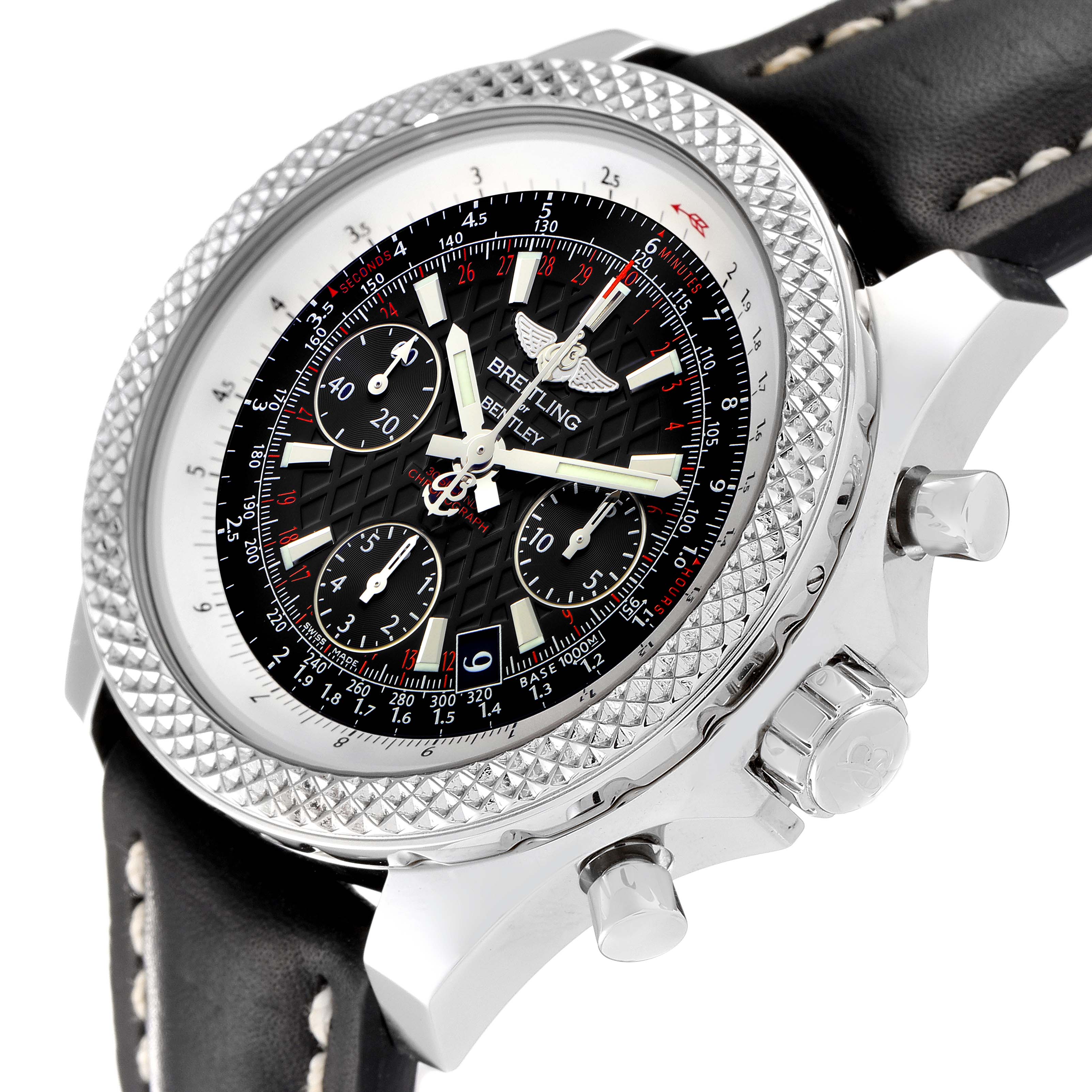 The image shows a close-up, angled view of the face and side of a Breitling Bentley AB061221/BD93 Men's Stainless Steel Black Dial AB061221/BD93 Men's Stainless Steel Black Dial model watch, including the bezel, dial, and pushers.