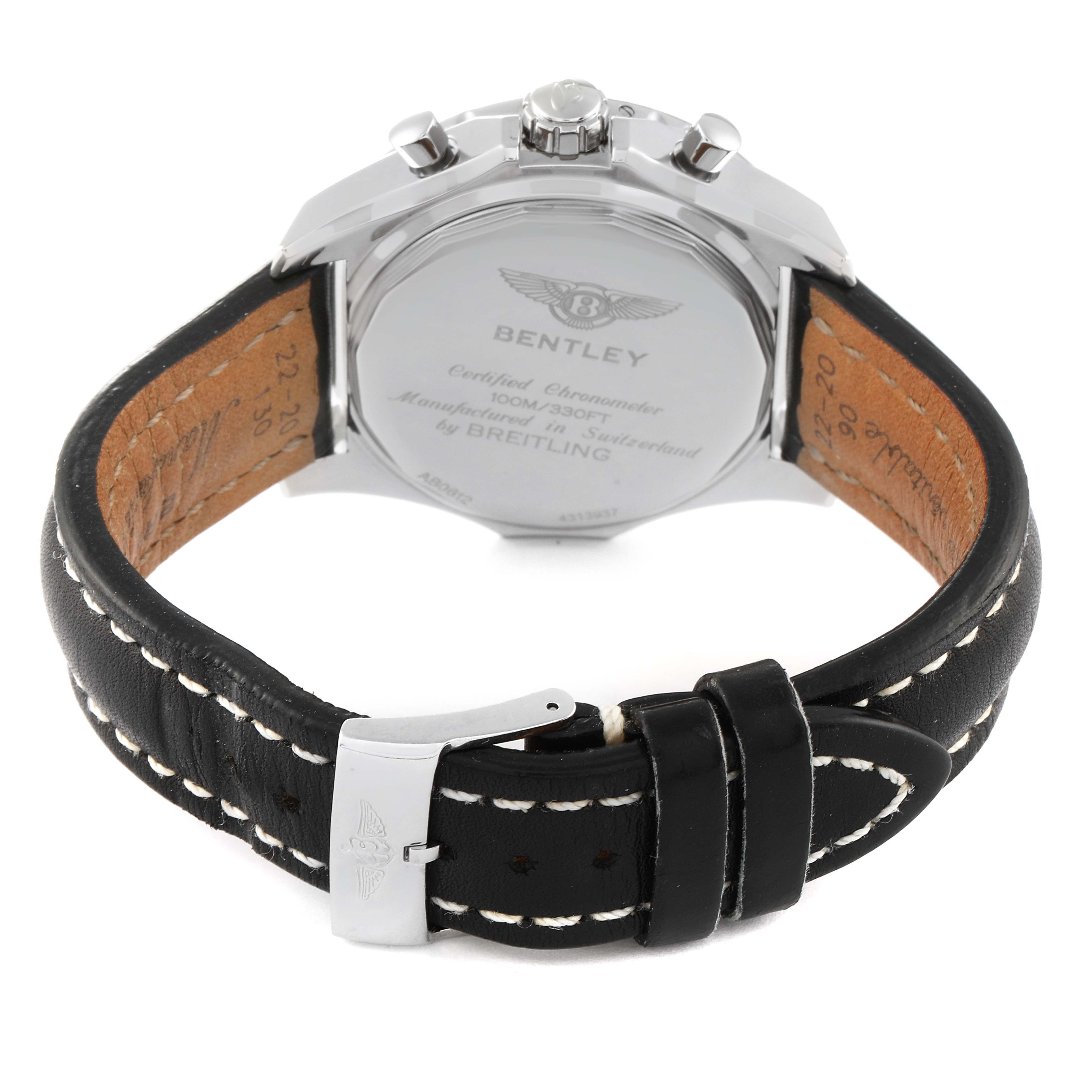 The image shows the back case and leather strap of a Bentley model by Breitling from a rear angle.