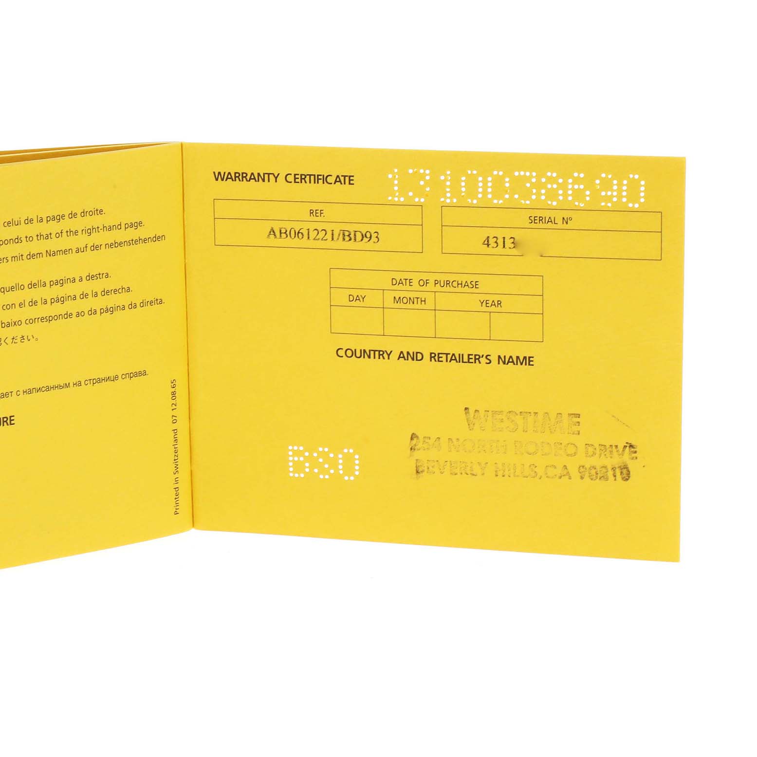 The image shows the warranty certificate for a Breitling Bentley AB061221/BD93 Men's Stainless Steel Black Dial AB061221/BD93 Men's Stainless Steel Black Dial model watch.