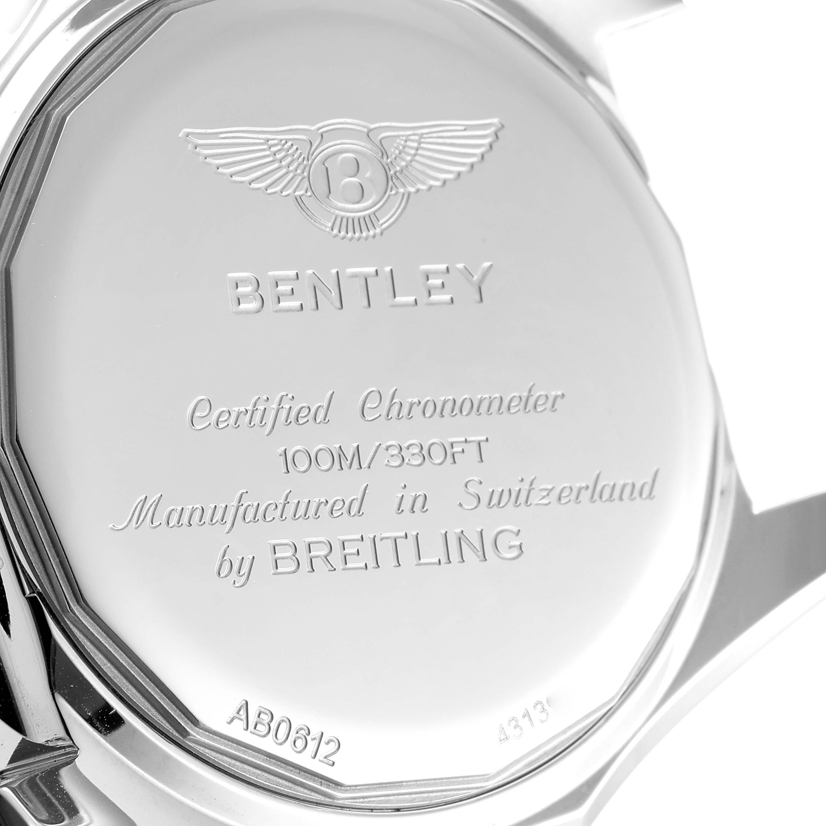 This is the back view of a Breitling Bentley AB061221/BD93 Men's Stainless Steel Black Dial AB061221/BD93 Men's Stainless Steel Black Dial model watch, showing the engraved details and specifications.