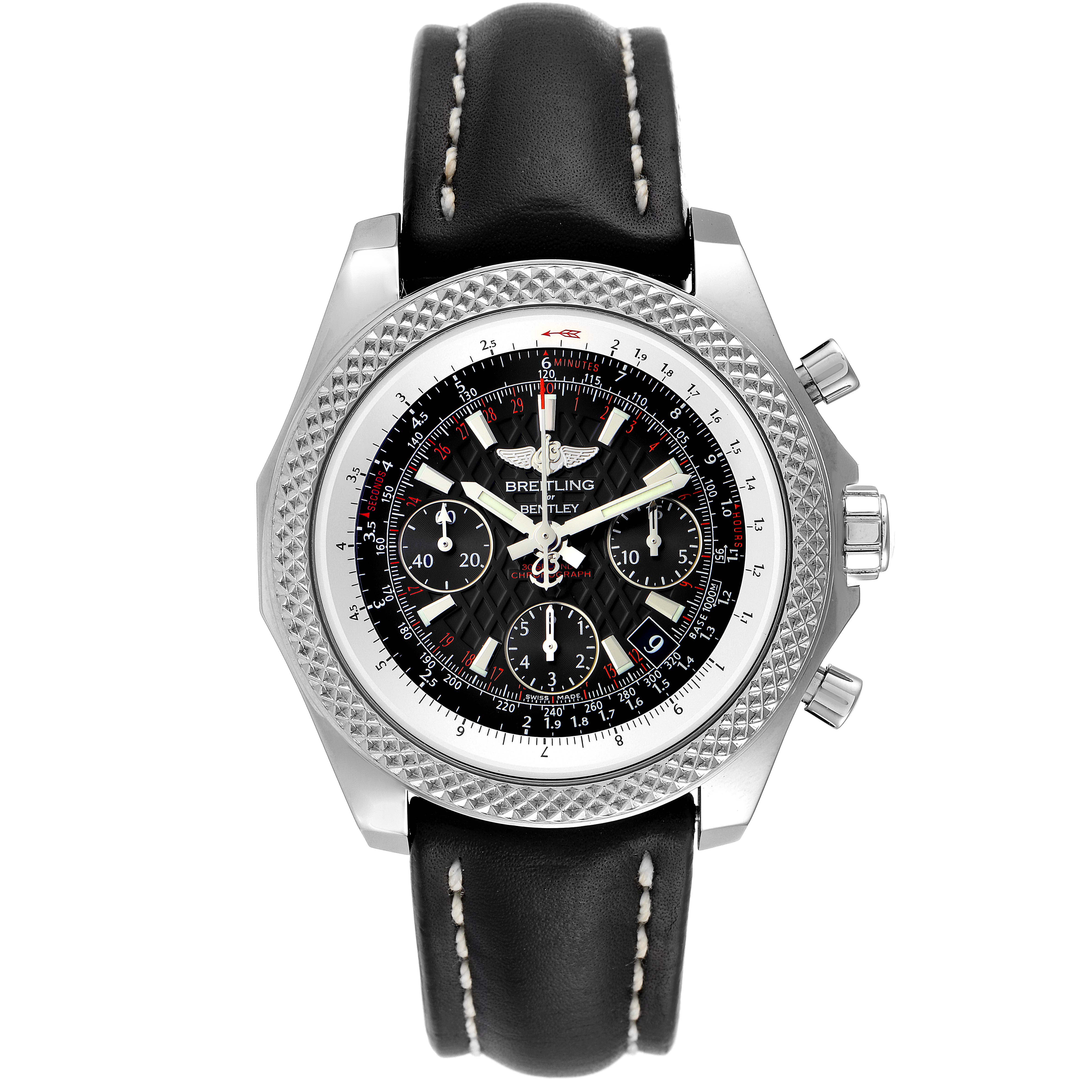 The image shows a front view of the Bentley model by Breitling, featuring the watch face, bezel, and leather strap.